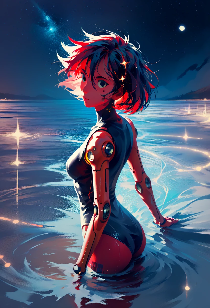 1girl, solo, red hair, ass, breasts, black eyes, android, from behind, barcode, wading, looking back, joints, robot joints, glowing, glowing hair, short hair, colored skin, arms at sides, water, ass support, medium breasts, looking at viewer, hair between eyes, mechanical parts, red skin, curly hair, partially submerged, water, space, reflection, stars, galaxy, ocean, horizon, night, depth of field, wet, sea, zPDXL3, detailxl, Score_PnyReal, (lineless:1.5)
