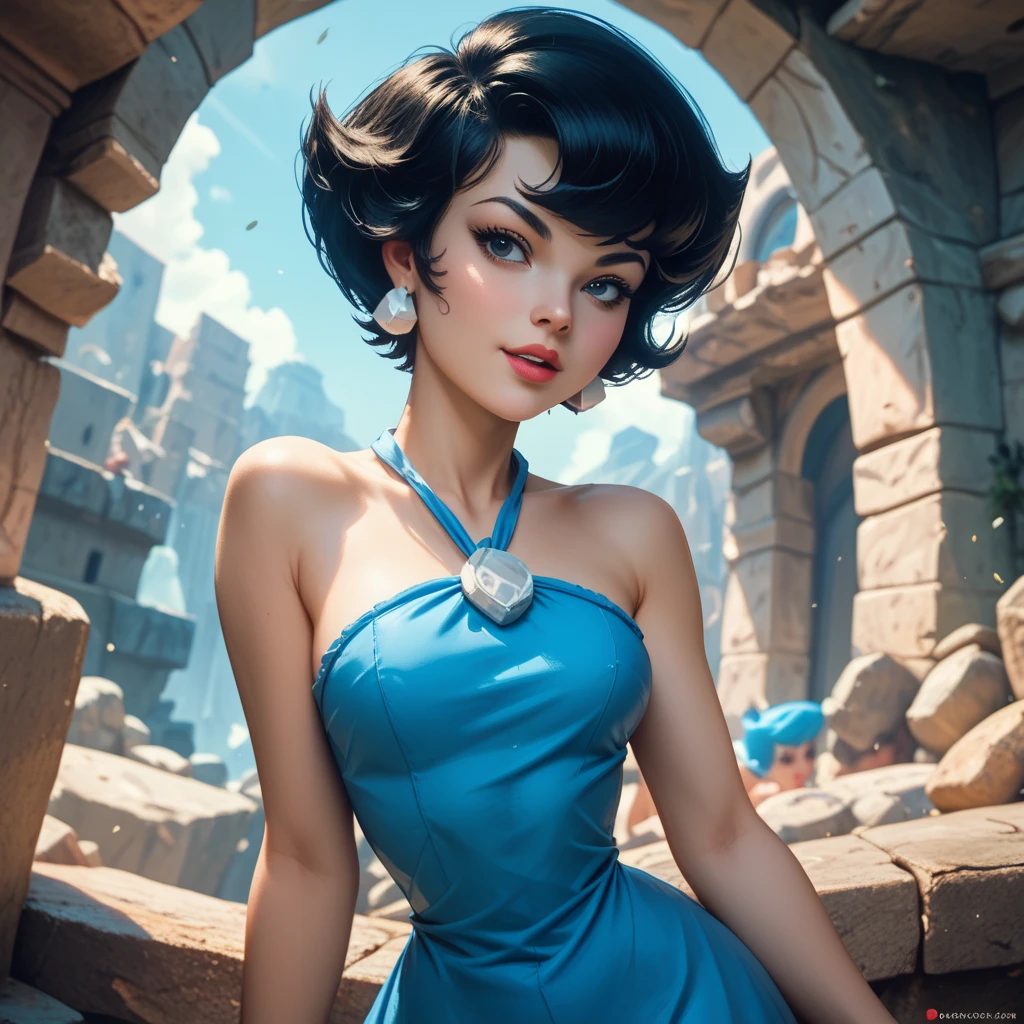 BettyOC, blue dress, short hair, black hair, bare shoulders, Betty Rubble, sexy posing, stone age background