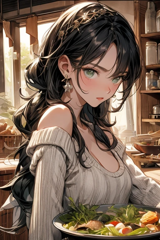 (small breasts:1.3), (perky chest:1.1), (pointed chest:1.0), (fashion magazine cover:1.3),(from below:1.0),(from side:0.9),masterpiece, 1girl, Amazing Cleavage:1.1, thin waist, big ass, Raised sexy, small breast: 1.3, posed cleavage:1.2、solo, looking at viewer, open mouth, have a cute grass of cute beergrass,black hair, dark green eyes, dress, bare shoulders, jewelry, collarbone, sidelocks, hairband, earrings, indoors, off shoulder, :o, sweater, arms behind back, plant, short hair with long locks, gild hairband, off-shoulder dress, sweater dress, off-shoulder sweater, red sweater, dark gord hair, big side hair, very long side hair,is rendered in (masterpiece: 1.2, best quality), with (ultra high resolution) and an exquisite (depth of field). This masterpiece is not only visually stunning but also tells,A scene of cooking in the kitchen by classroom
