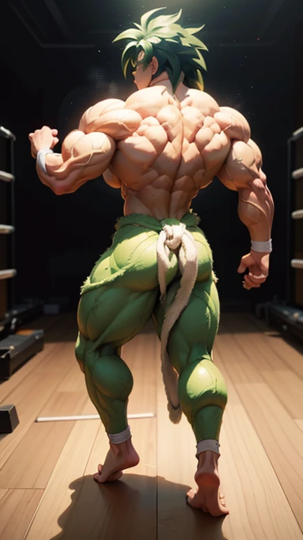 (A detailed drawing of broly , Bodybuilding-Wrestlingring.), With a naked torso, oiled body, Ripping clothes, the strongest of all, huge muscular body, big Bizeps, big shoulders, Muscle legs,abs, Barefoot, Sole of foot, Martial arts, high step, Full body image, side chest,oil Wrestling match won , beserk, dynamische aktion, Submission, back view 