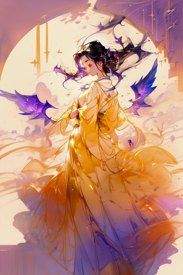 a woman floating in the sky in another world, her body shines brightly with a color like gold and many letters are flying around and this world has many doors and the sky is purple