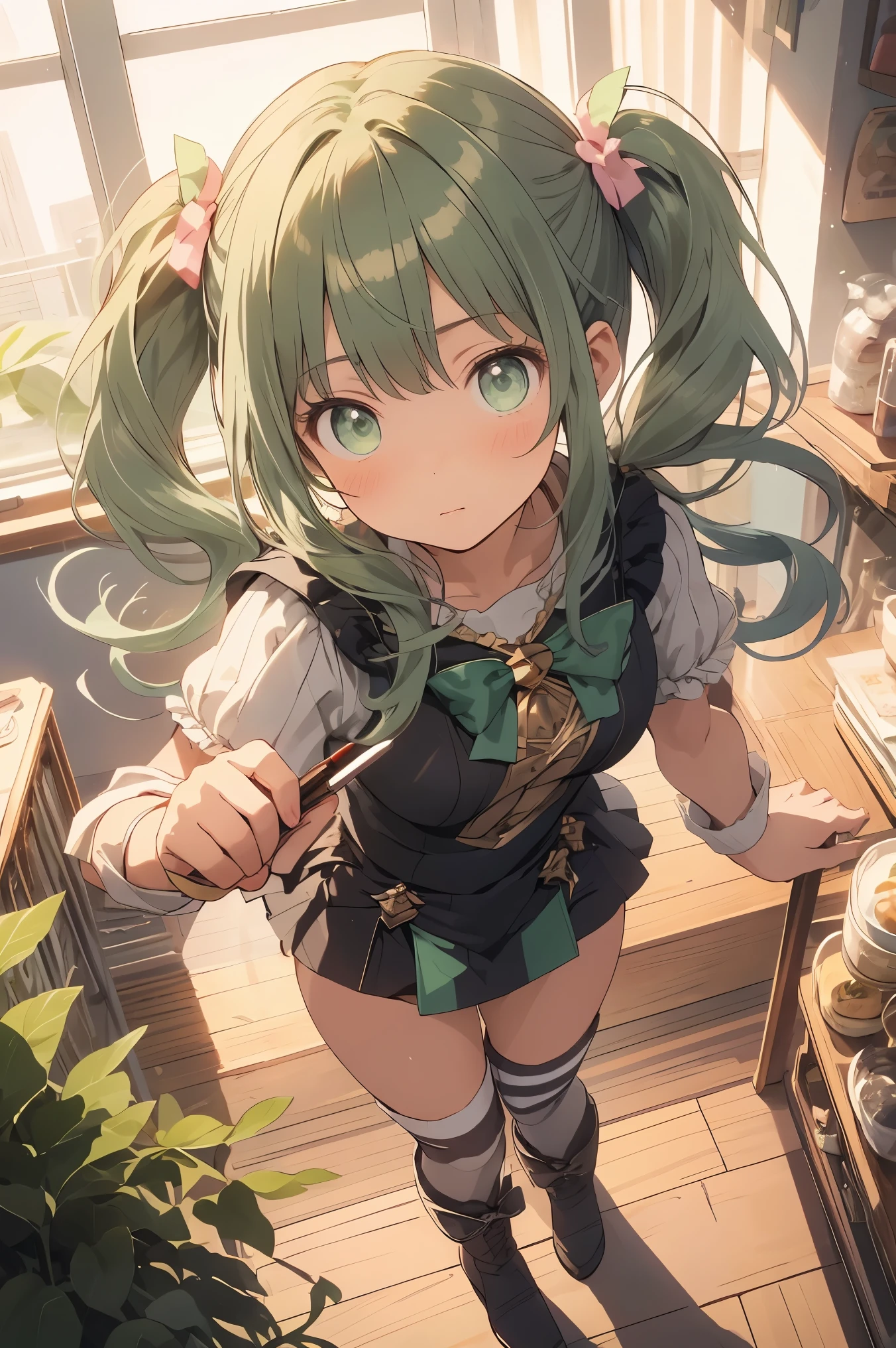 (masterpiece), (best quality), detailed,
1 girl, soro, twintails, long wavy hair twintails.hairs between eyes,dark green eyes ,dark green hair, (magical girl:1.2),
bow, dress, (pink:0.6), over legwear, boots, too many frills, too many bow, standing,striped panties.magical stick, mechanical stick, magic cercle, frying,