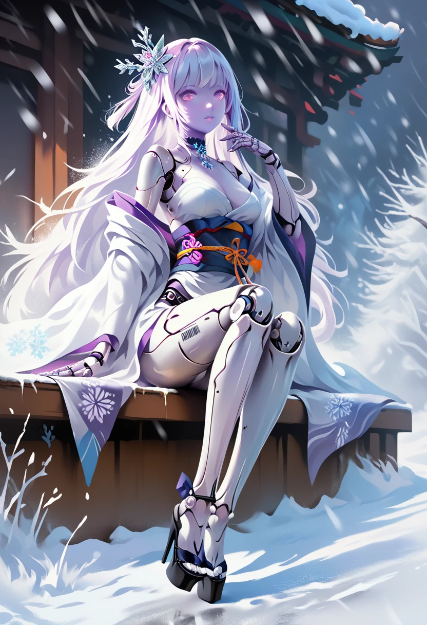 1girl, breasts, solo, lavender eyes, lavender hair, long hair, japanese clothes, kimono, hair ornament, sitting, high heels, looking at viewer, ice, s, colored skin, platform footwear, very long hair, snowflakes, lavender skin, sash, snowflake hair ornament, barcode, choker, off shoulder, obi, legs, bare shoulders, white kimono, lavender skin, panties, black footwear, medium breasts, underwear, full body, thighs, long sleeves, dutch angle, wide sleeves, hand up, crystal, android, snow, snowing, joints, android, robot joints, zPDXL3, detailxl, Score_PnyReal, (lineless:1.5)
