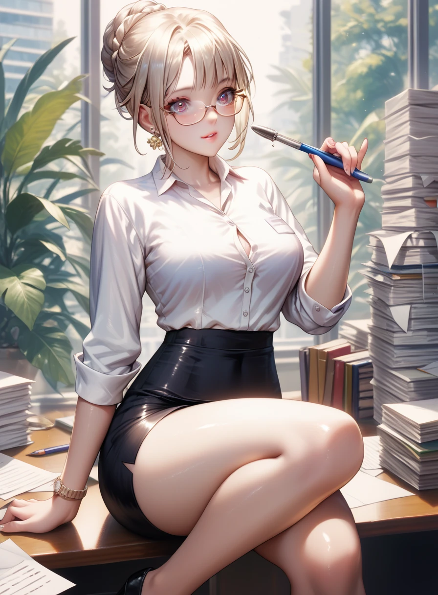 masterpiece,amazing quality,best quality,ultra-detailed,8K,illustration,CG,shiny hair,clear skin,ultra-detailed-eyes,cute girl, eyelashes,secretary,white shirt,black pencil skirt,on one knee,office, picking paper,glasses
