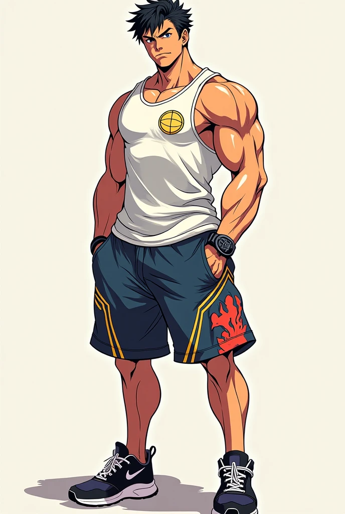 Bara, muscular, man, summer outfit, full bofy, full body shot, barefoot, stylsied, anime qtyle, flat color