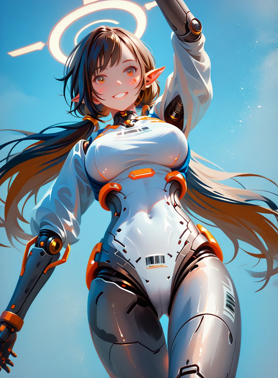 1girl, solo, breasts, robot joints, joints, brown hair, android, brown eyes, looking at viewer, long hair, smile, barcode, multicolored hair, pointy ears, large breasts, halo, brown hair, twintails, very long hair, covered navel, navel, from below, white skin, standing, science fiction, blush, arm up, grin, colored skin, two-tone hair, low twintails, barcode tattoo, parted lips, cowboy shot, brown skin, zPDXL3, detailxl, Score_PnyReal, (lineless:1.5)
