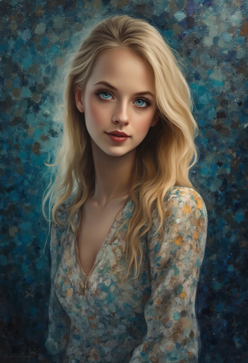 painting of a  girl with blue eyes and light hair in a light shirt, portrait, dark atmosphere, cinematic scene, volumetric lights, ultra realistic, in the style of nicola samori
