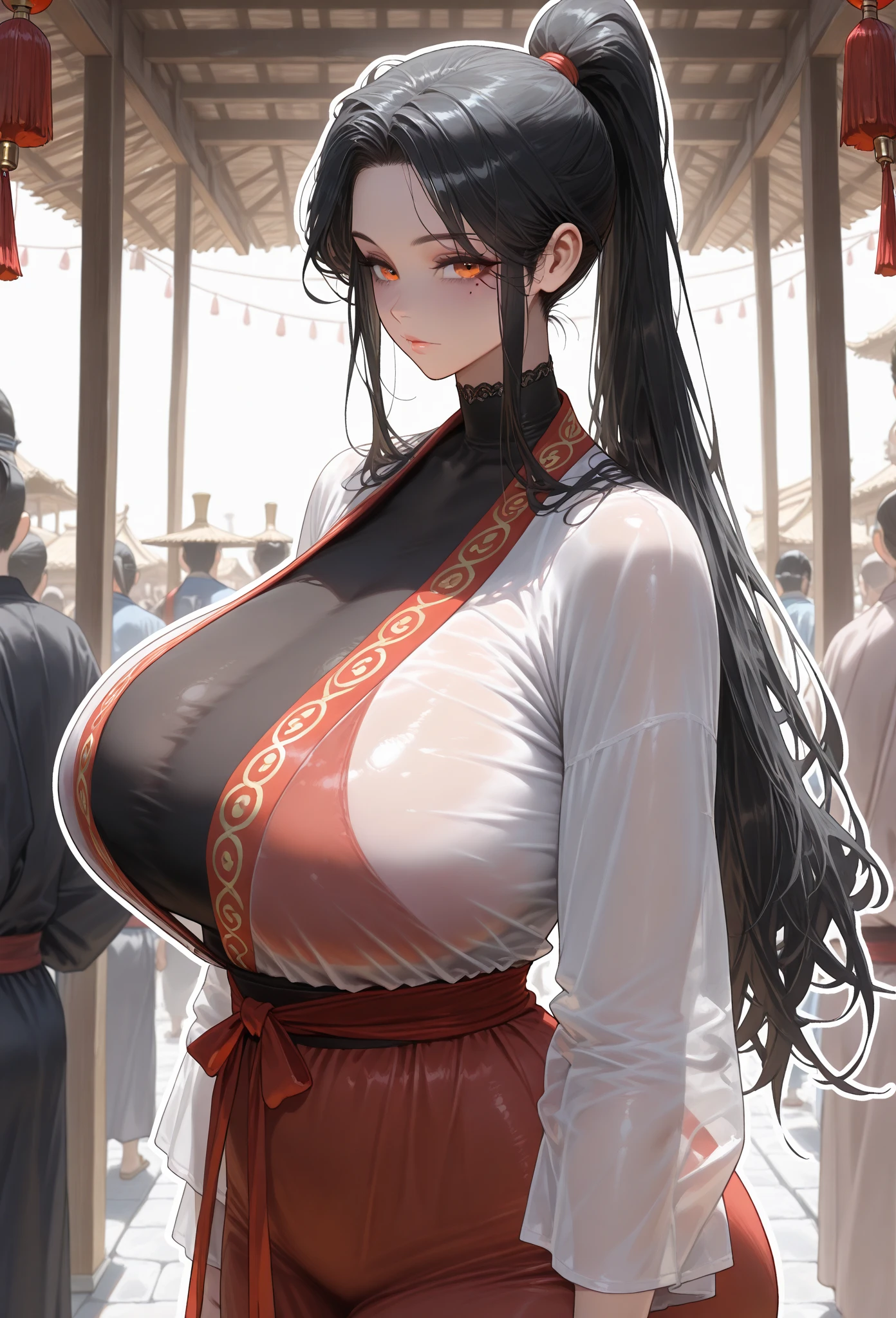 (masterpiece, high resolution, 2k resolution, best quality), (1girl, perfect anatomy, perfect face),
((black hair), long hair, ponytail), (orange eyes, perfect eyes),
red oriental kimono, (Sheer shirt, black Sheer Panel, black Sheer)), Narrow shoulders,
((standing, eastern village, samurai in the background, people with oriental looks in the background),
(neutral gaze, mole under eye),
(solo, 1girl), huge body, massive chest, mature woman, (white outline, 6px outline width,
(Covered Shoulders)