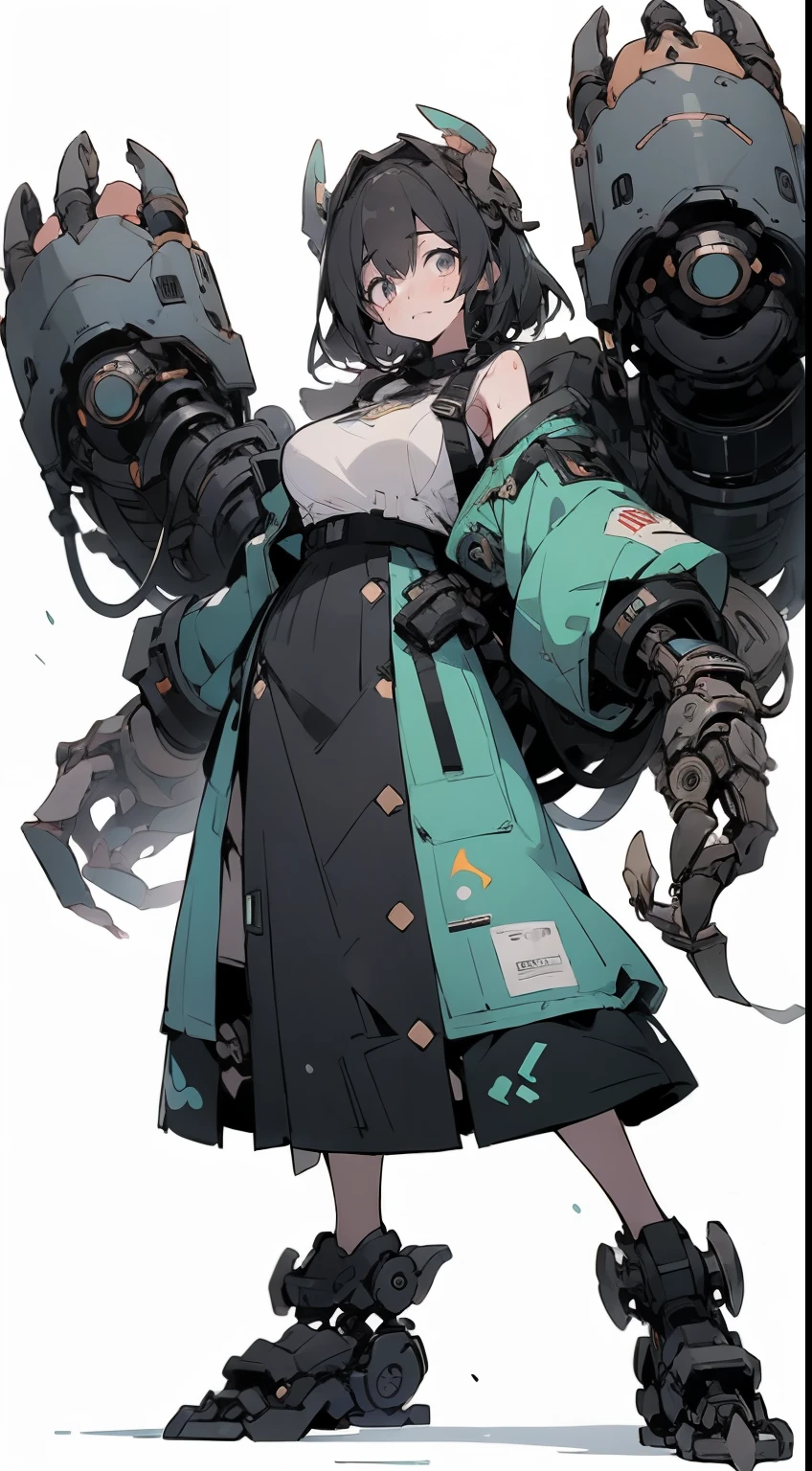 (masterpiece:1.2),8k, beautiful, high quality,
(full-length photograph:1.2)、((white background:1.6)),(Flat Illustration Art:1.2), (poster art:1.2),(Ultra-definitive game CG), CG animation, Character setting painting,Original character reference sheet adoptable,score_9,score_8_up, score_7_up, score_6_up, score_5_up, precise details, animation,
Bullish girl, ((MEGUMI)), (masutepiece:1.2),8K, Beautiful, High quality,
girl with, black hair, Dreadlocks, (yellow Long Jacket:1.1), (Black long skirt:1.2),
((Large mechanical claw arm:1.5)), Mechanical arm, Scissor Arm,
Sweat,
Curly hair, Blue eyes, Beautiful face, Bullish appearance, (Model body type),
glamor, (muscular:1.3), (ultra gigantic tits:1.2),
the golden hour,
Full body shot,dynamicposes