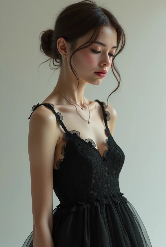 a 20 y.o girl in a black lingerie, short angled bob hair, pale skin, heterochromia eye, mole below eye, thick eyebrows, freckles, huge breast, small waist, wide thighs, thigh gap, on bathroom, ((sitting on the toilet, spread legs, sleepy)), 8k uhd, dslr, soft lighting, high quality, film grain, Fujifilm XT3,