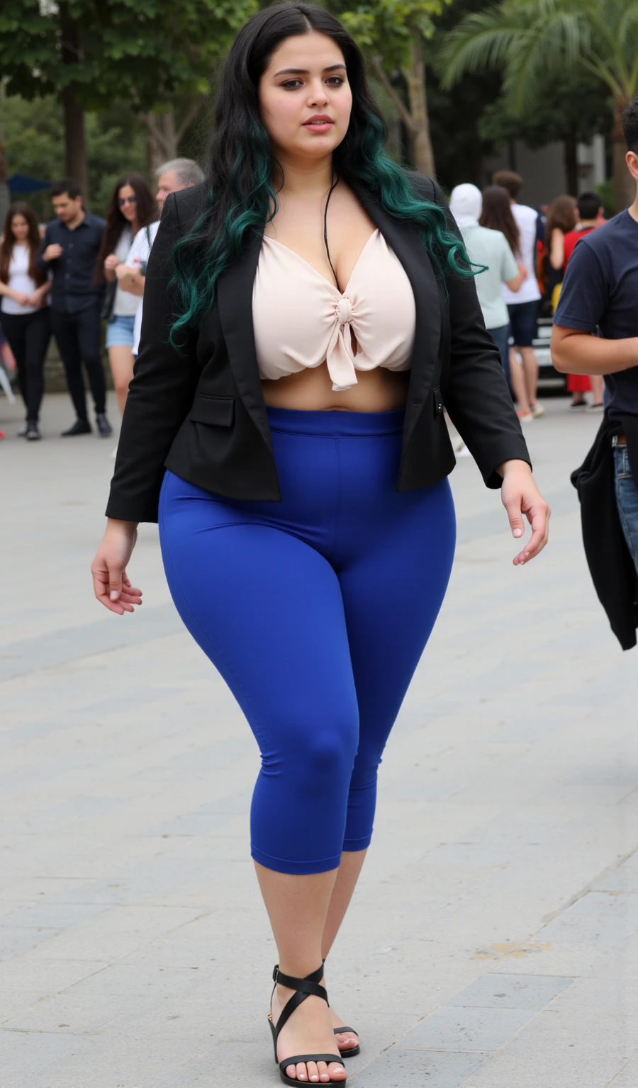 Lucy Pinder, ((VERY INTENSE MAKEUP)), lace, sexy woman, ((Chubby Woman)), blue hair, long hair, braid in hair, black crop top, striped pants, lilac pants, smiling, Adele, gloves blacks, back.