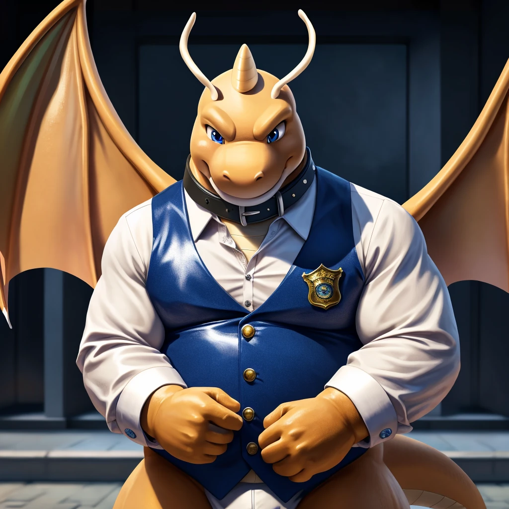 Solo, Male, fat, extremely obese, gentleman, dapper Charizard, blue eyes, (soft shading), 4k, hi res, ((detailed face, detailed)), looking at viewer, evil grin, police station, collared shirt with buttons, hat, male focus, Police Uniform, glasses, monocle, vest with buttons, sleeves rolled up, round eyewear, headwear, vest, Charizard is wearing a glossy leather dog collar around the neck, Charizard is wearing the leather collar and shirt and vest at the same time, Charizard is wearing glossy white rubber gloves on the hands, wearing white rubber gloves on the feet, gloves are rubber in texture, mouth wide open, evil laugh, clenching fists, leather collar is glossy and shiny with a lot of detail, Charizard is wearing gloves and leather collar at the same time, leather collar has a round dog-tag, leather collar is thick and detailed, white rubber gloves on the feet, Charizard is wearing gloves and leather collar at the same time, leather collar has a round dog-tag, leather collar is thick and detailed, leather collar is glossy and shiny, fancy clothing, dapper vest, dapper shirt, leather collar is thick, glossy leather collar, Charizard is wearing a dirty diaper