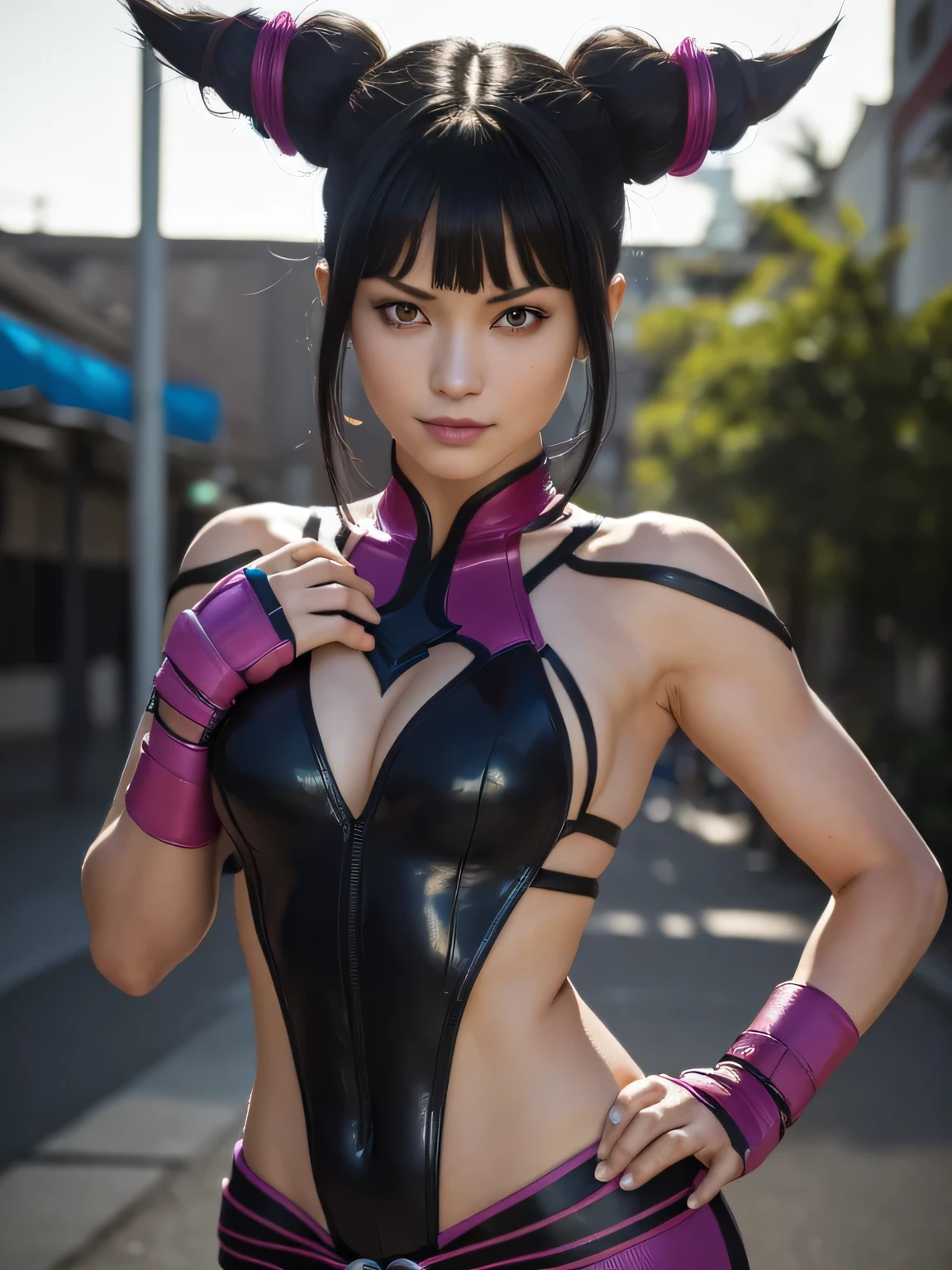 score_9, score_8_up, score_7_up, score_6_up, score_5_up,  [ Juri Han],[black hair, bangs, hair horns, multicolored hair,streaked hair, makeup, lipstick,],Juri Han from Street Fighter 6,[fingerless gloves,multiple belts, collar, spiked bracelet, aqua nails, chaps, baggy pants,toeless legwear],[Bambooent Forest],4k,sharp image,detailed, sexy, extremely detailed artgerm,  (masterpiece, best quality:1.2),  (insanely detailed, beautiful detailed, masterpiece, best quality), (insanely detailed, masterpiece, best quality)  
