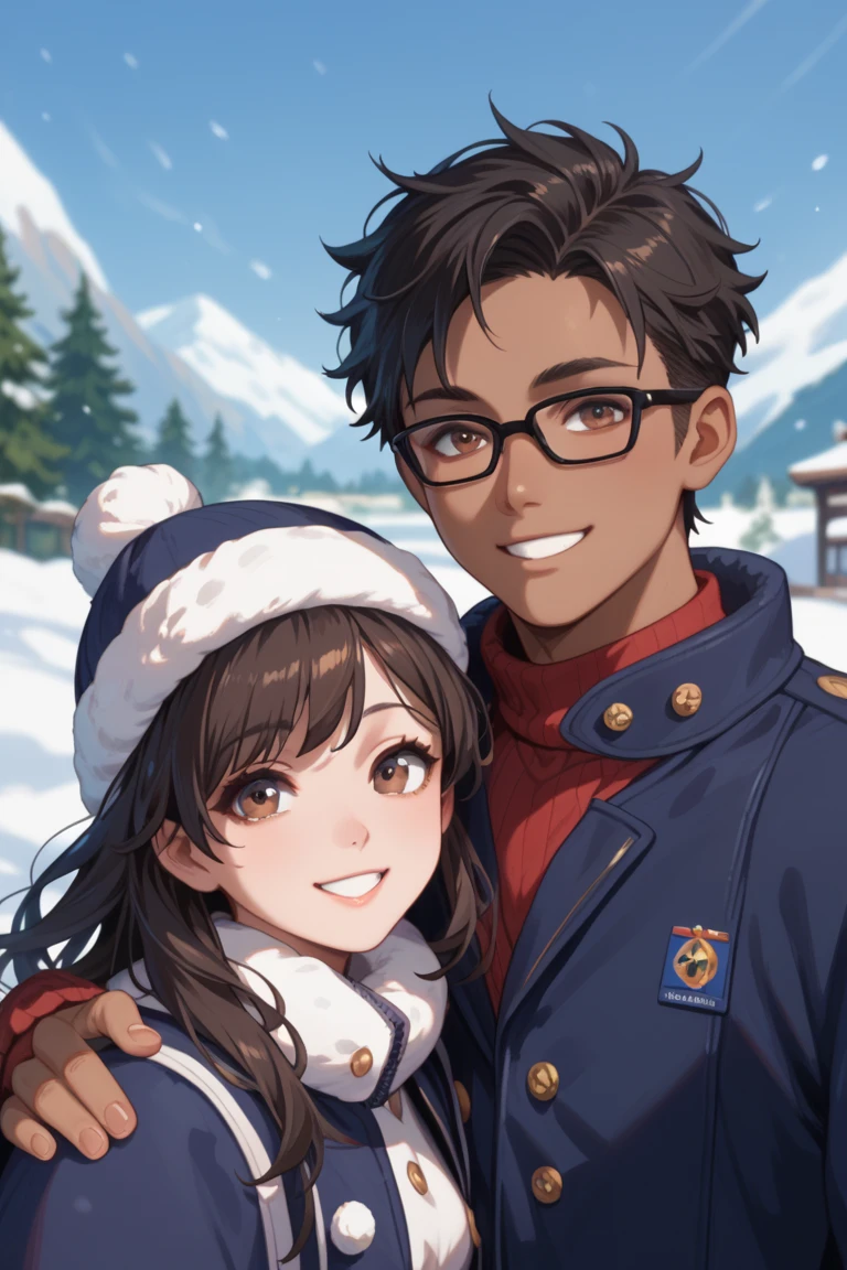 A boy, black hair, short hair, dark skin, brown eyes, black glasses, smile, winter outfit and a girl, dark brown hair, long hair, brown eyes, light skin, normal breasts, smile, winter outfit in the star sky