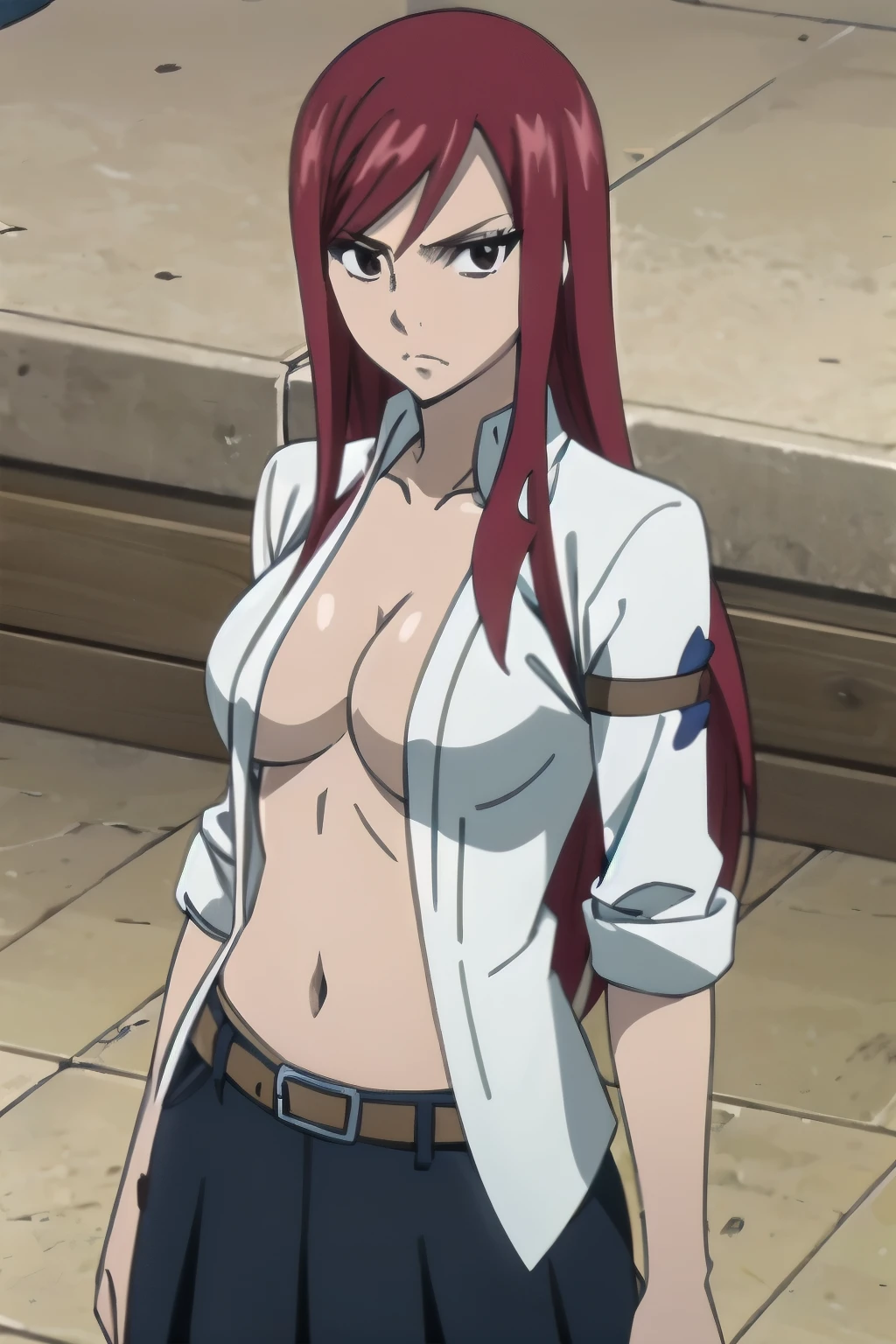 (masterpiece, top quality, best quality), 4k, perfect-lighting, symmetrical face, solo, Erza Scarlet, devastating look, red hair, breasts big, ((nude:1.2)), cowboy shot,full body,