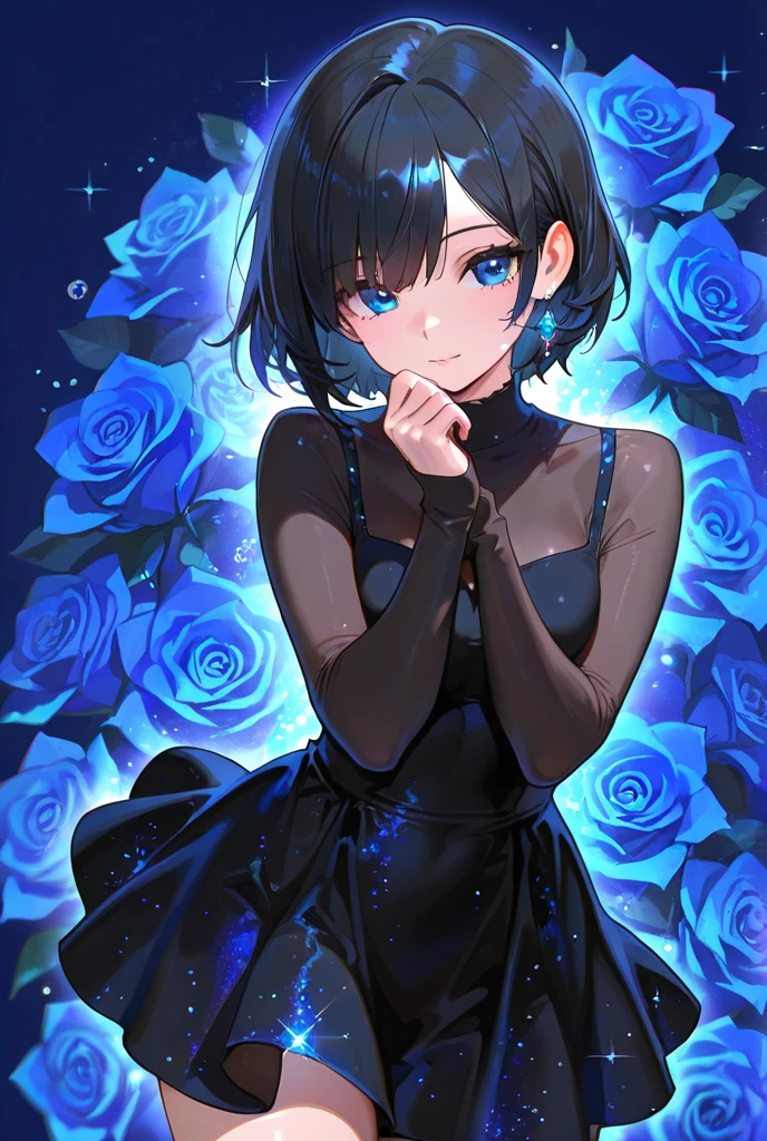  one girl, black hair,  shortcuts, Blue Rose Background, Background Blur,  glitter effect ,  blue eyes, black dress tight skirt