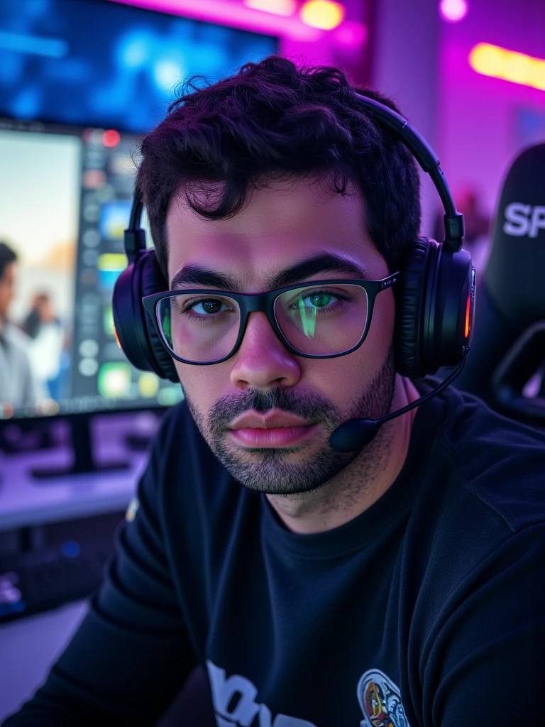 ((Masterpiece)), (ultra-detailed), (studio photography), (8k resolution), A **high-resolution photographic capture** of **Pivalora2**, an e-sports player deeply immersed in competition. The focus is on the **upper torso**, highlighting his **black prescription glasses**, **gamer outfit** designed for comfort and style, and his **professional headset** glowing subtly with **RGB lighting**.  

Pivalora2 glances discreetly toward the camera, with his primary attention on the monitor, his face softly illuminated by the screen’s glow. The composition captures his **determined expression** with sharp focus, emphasizing the fine **textures of his skin and hair**. He sits poised in a sleek, **ergonomic gaming chair**, reinforcing the professional e-sports setting.  

The **background** features a blurred **gaming competition arena**, infused with vibrant **neon lights** and subtle motion from other players and screens, adding depth without detracting from the central subject. The lighting is meticulously balanced for a cinematic effect, showcasing **high clarity and vivid detail**, making **Pivalora2** the focal point of a dynamic, competitive atmosphere. **(Sony camera, cinematic lighting, e-sports photography, neon highlights, sharp focus, professional gamer aesthetic)**.  