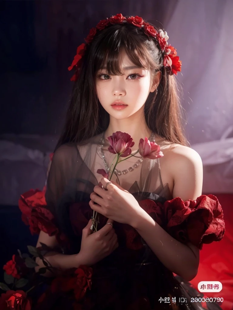 arafed woman in a red dress with roses in her hand, by Ayami Kojima, sha xi, portrait of radical lolita girl, masami kurumada, she looks like a mix of grimes, japanese gothic, belle delphine, fairycore, jingna zhang, mika kurai demon, 1 7 - - old me goth girl, guweiz, korean, red hair, asian, sana from twice