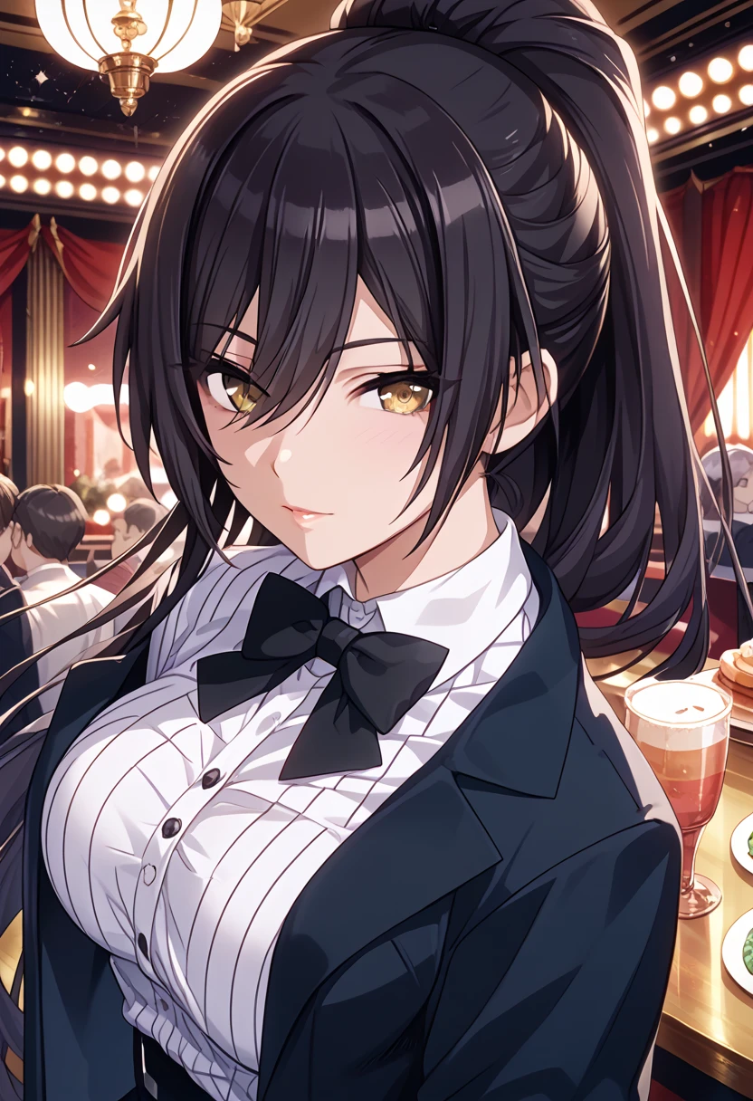 Shirase Sakuya, very long hair, black hair, high ponytail, bangs, hair between eyes, yellow eyes, large breasts, low ponytail, solo, looking at viewer, 1girl, white shirt, upper body, female focus, indoors, black bow, formal, suit, black bowtie, striped shirt, black jacket, cabaret, 