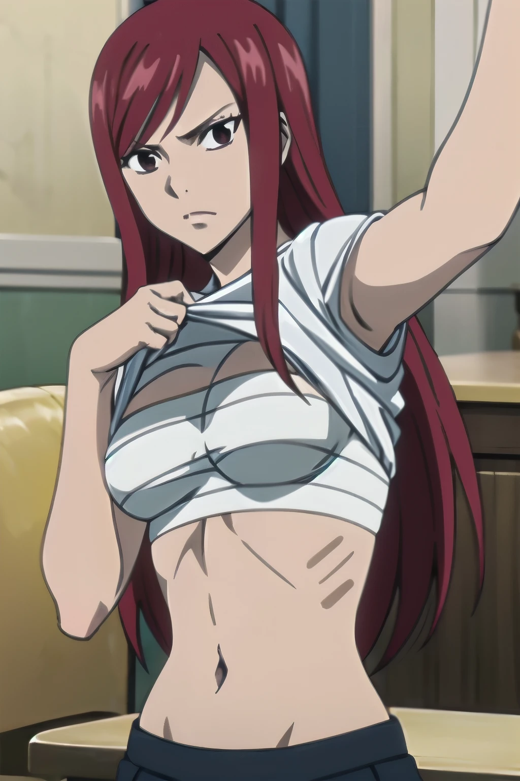 Erza Scarlet, masterpiece, highres, solo, 8k, detailed, perfect face, (ultra high quality), looking viewers, armpit, big breast, cleavage, red hair, long hair, black eyes, belly, stomach, navel, abs, midriff, white ribbon, sarashi chest, bandaged breast, red hakama, red short, slim body, upper body, emotionless, flat face, at forest