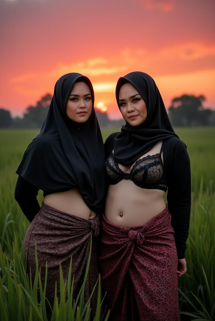 two indonesian hijab lesbian girl,bra and short pants only,hugging,kissing,realistic,hd details,front view