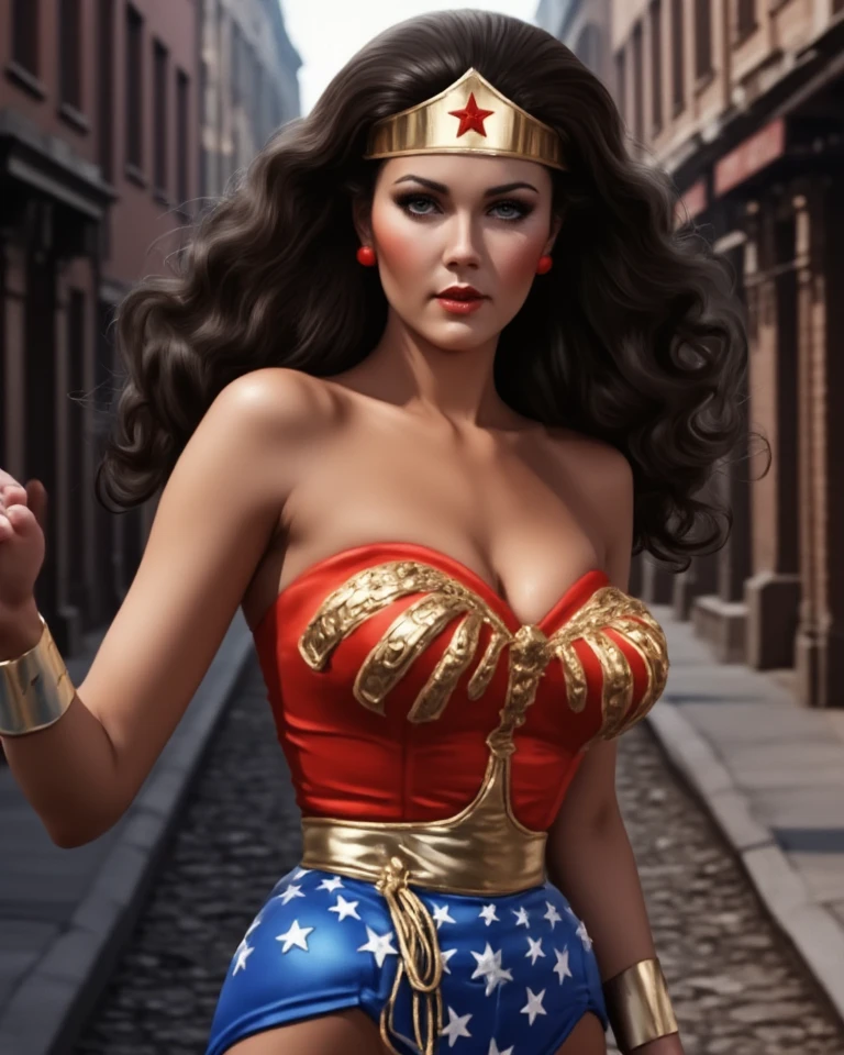  A gorgeous Wonder Woman in tight red and blue,  long, dark hair ,  beautiful and meticulous eyes,  Striking facial features , The physique of a sexy beauty queen, White Skin ,The expression is romantic and sexy, confident  Powerful  posture,  in an impressive motion position , Dynamic Lighting,  Dramatic cinematic scenes ,  digital painting , Complex and detailed rendering ,  ultra-realistic, 8K, vibrant colors,  Dramatic shadows ,  movie lights, heroic,  Powerful , Awesome , The background is the abandoned old street of the 1920s,