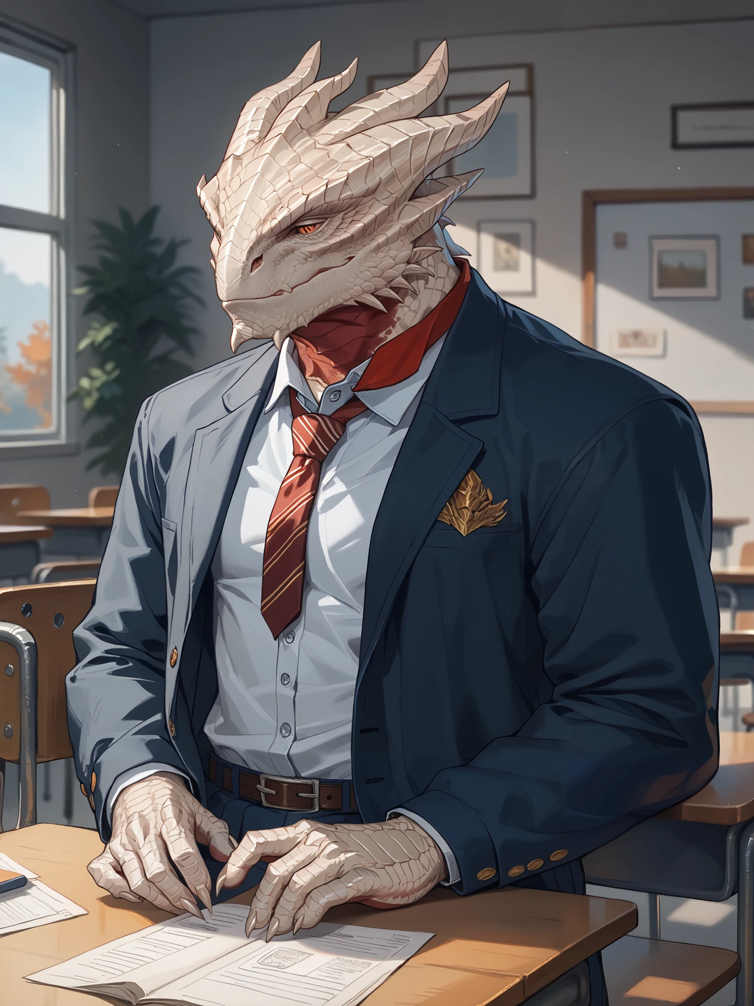 The dark impulse , dragonborn \(DND\), white body, Ojos rojos, male,  school uniform , school fund