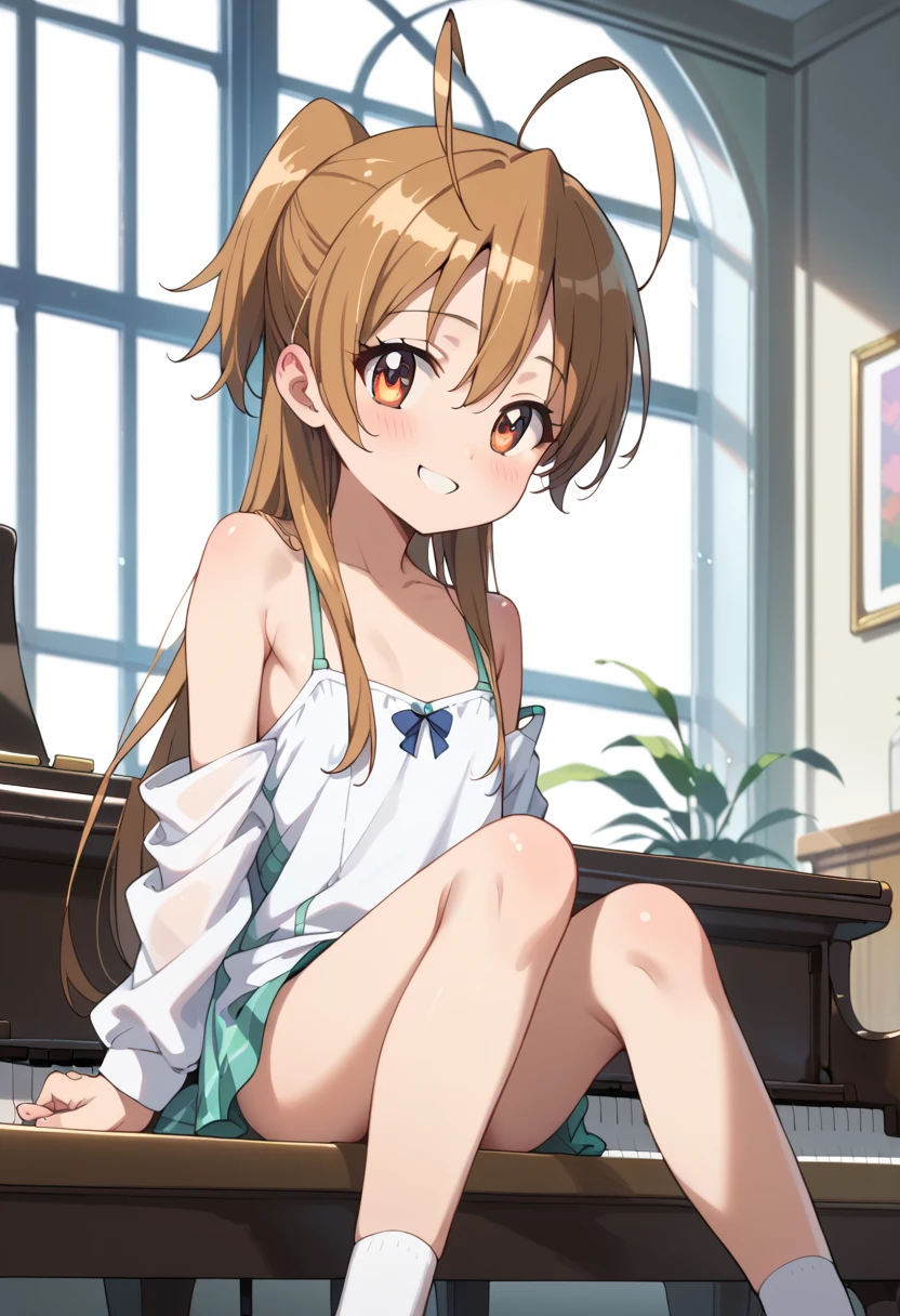 (( top quality )), ((masterpiece)), (be familiar with), perfect face, indoor, bedroom,  watching viewers,
One woman, Miyamoto Rei,
開いた口,  ecstatic expression beside the piano, blush, smile,
 small ,  flat chest, Young girl, Lori,  kids,  girl,
 long hair,  ponytail,
Leg spread,