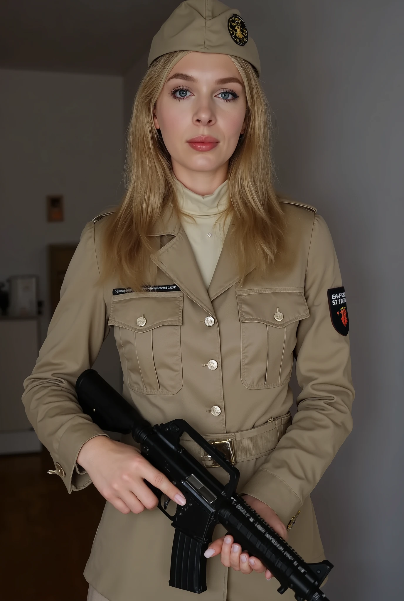 grey eyes,blonde hair,realistic,military_uniform,gun,soldier,