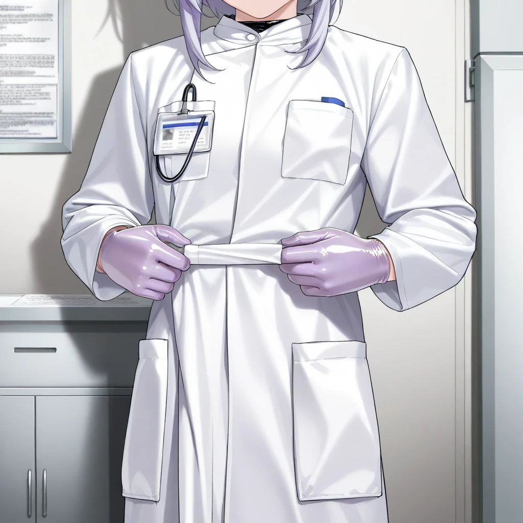  1 girl, ((light purple gloves)), (( surgical gloves)), (( latex gloves )), the rest of the clothing is not made of latex, (([Doctor outfit)), (( Long Sleeve )),  is standing, Alone