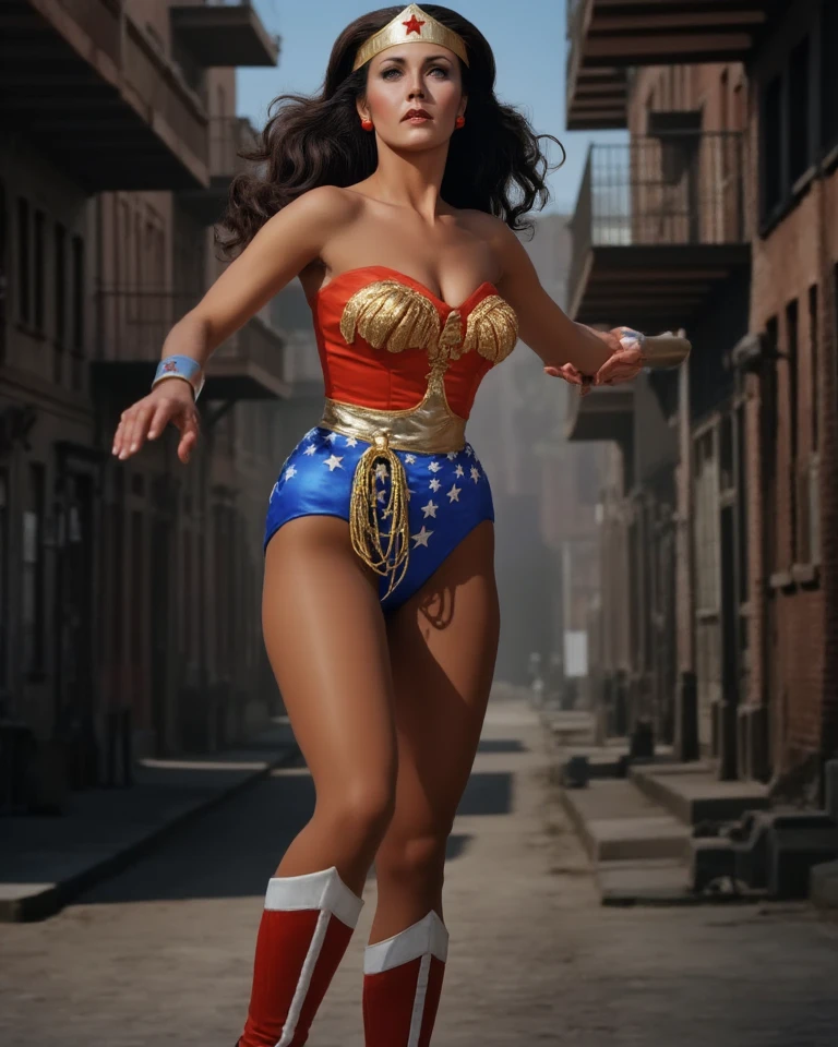  A gorgeous Wonder Woman in tight red and blue,  long, dark hair ,  beautiful and meticulous eyes,  Striking facial features , The physique of a sexy beauty queen, White Skin ,The expression is romantic and sexy, confident  Powerful  posture,  in an impressive motion position , Dynamic Lighting,  Dramatic cinematic scenes ,  digital painting , Complex and detailed rendering ,  ultra-realistic, 8K, vibrant colors,  Dramatic shadows ,  movie lights, heroic,  Powerful , Awesome , The background is the abandoned old street of the 1920s,