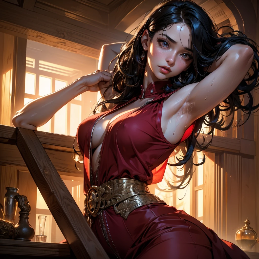 a beautiful hot and sexy Persian princess, fitted red skirt top, long wavy black hair, pale skin, entire body covered in glistening sweat, sweat dripping from armpits, large breasts visible, nipples visible, hand on waist, entire body visible, detailed facial features, (best quality,4k,8k,highres,masterpiece:1.2),ultra-detailed,(realistic,photorealistic,photo-realistic:1.37),HDR,UHD,studio lighting,ultra-fine painting,sharp focus,physically-based rendering,extreme detail description,professional,vivid colors,bokeh,portrait