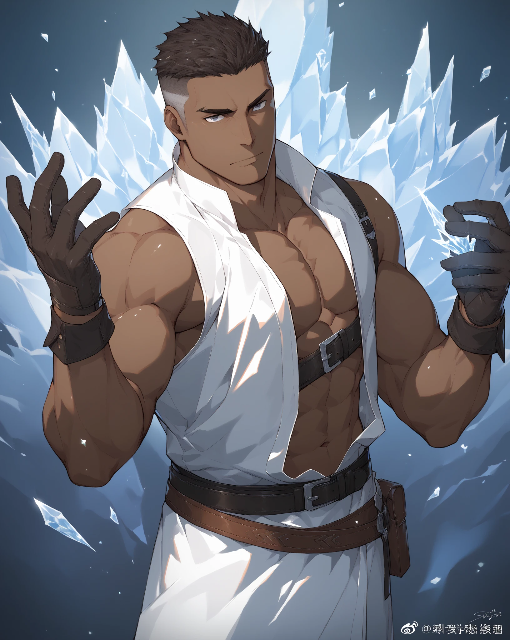 High Quality,Masterpiece,nsfw,gay,young,detailed body,,forehead,((dark brown skin male:1.5)),ideal ratio body propotions,(silver hair),A face similar to a gorilla、black and gray eyes,glove,monk,,low small nose,Dog face,short length white vest,(((under cleavage cut))),Ice Magic,navel,under moob,breast belt, firm body、Pectoral muscles,fantasy,glove,we have