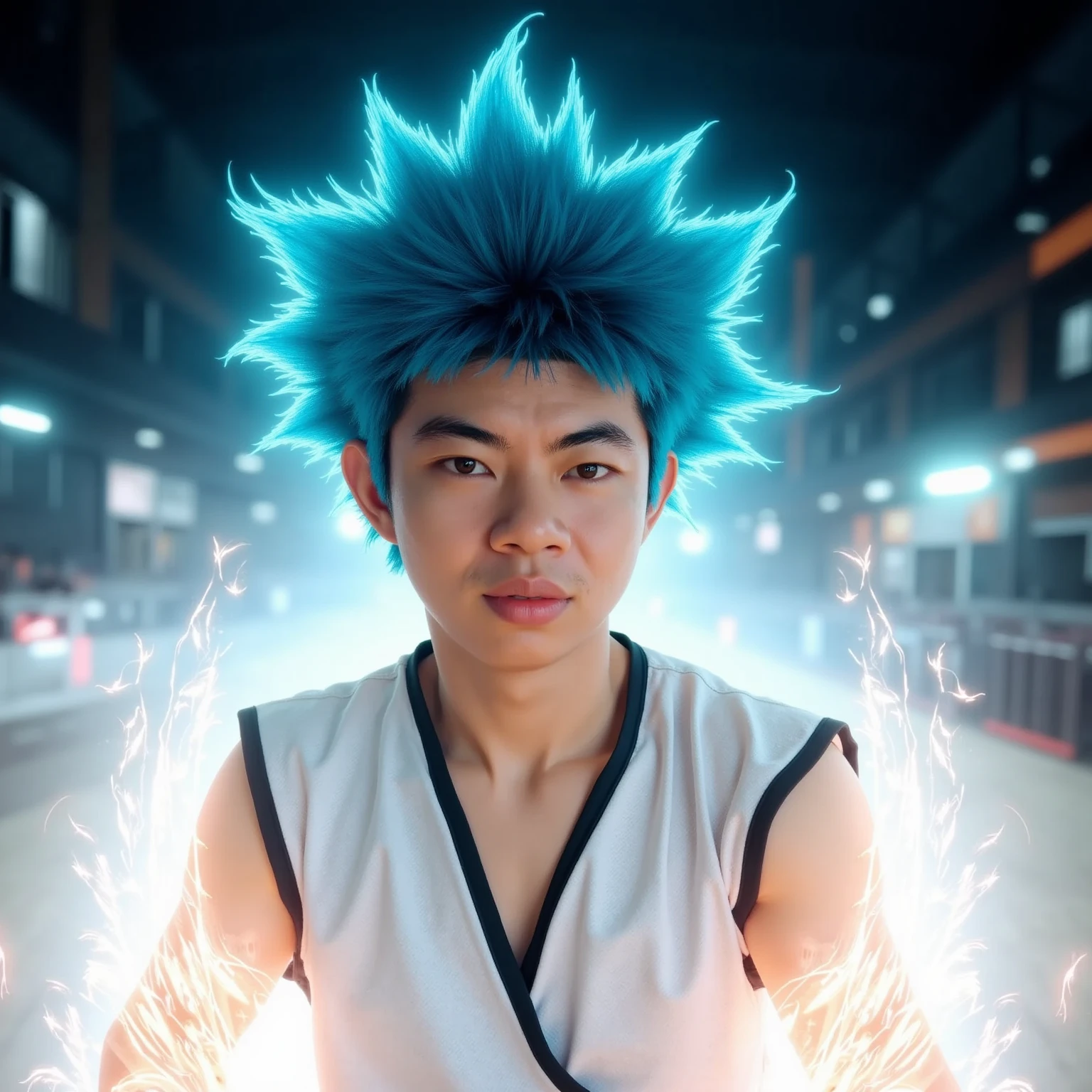 A young Thai man with spiky blue hair styled like Goku from Dragon Ball, surrounded by a glowing white aura. His appearance is powerful and confident, wearing a modern yet slightly futuristic outfit that complements his dynamic energy. The background features a dramatic and radiant setting, with faint energy waves and light effects to enhance the intensity of the aura. The overall mood is heroic and otherworldly, emphasizing his strong presence.

