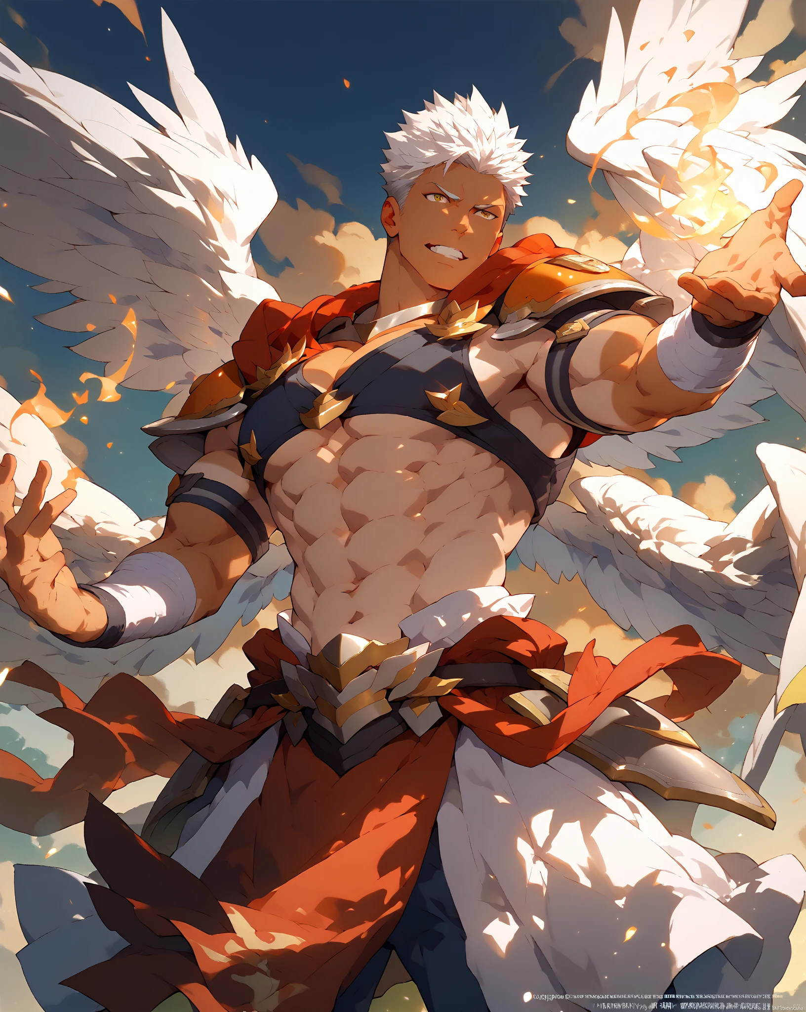 nsfw,( top quality), (​masterpiece),high detailed,forehead,((tan)),man,ideal ratio body propotions,Broad shoulders, Archangel,The Great Magic of Light、White Wings,dress armor,white hair,open cloth ,cleavage open,stylish pose,under moob,navel,flying