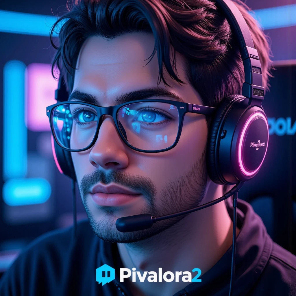 ((Masterpiece)), (ultra-detailed), (8k resolution), A dynamic **Twitch avatar** of **Pivalora2**, styled for a professional e-sports vibe. The composition features a close-up of **Pivalora2’s face**, wearing **black prescription glasses** with a sleek, modern frame that reflects faint **RGB lighting** from a professional gamer headset. His expression is confident and focused, showcasing the determined attitude of a competitive gamer.  

The background is minimal yet vibrant, incorporating a **blurred neon glow** in hues of blue and purple, inspired by the energetic ambiance of gaming arenas. The lighting is sharp and cinematic, with highlights on his glasses and headset for a polished, high-quality appearance. The design integrates a **subtle Twitch logo-inspired outline** or **stylized gamer tag (Pivalora2)**, placed at the bottom corner for branding.  

Perfect for Twitch use, this avatar blends professionalism with personality, capturing the essence of **e-sports competition** in a bold, engaging way. **(Twitch avatar, e-sports branding, RGB lighting, cinematic focus, neon accents, professional design)**.  