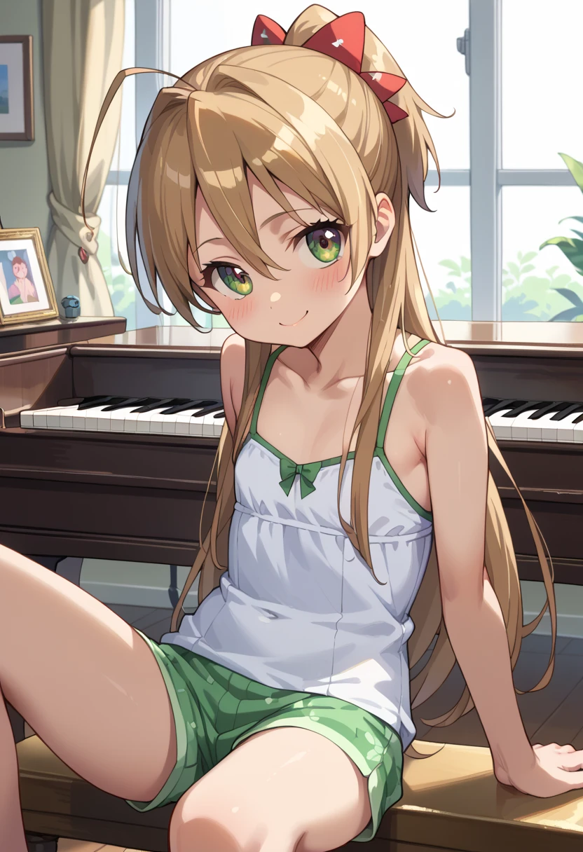 (( top quality )), ((masterpiece)), (be familiar with), perfect face, indoor, bedroom,  watching viewers,
One woman, Miyamoto Rei,
開いた口,  ecstatic expression beside the piano, blush, smile,
 small ,  flat chest, Young girl, Lori,  kids,  girl,
 long hair,  ponytail,
Leg spread,