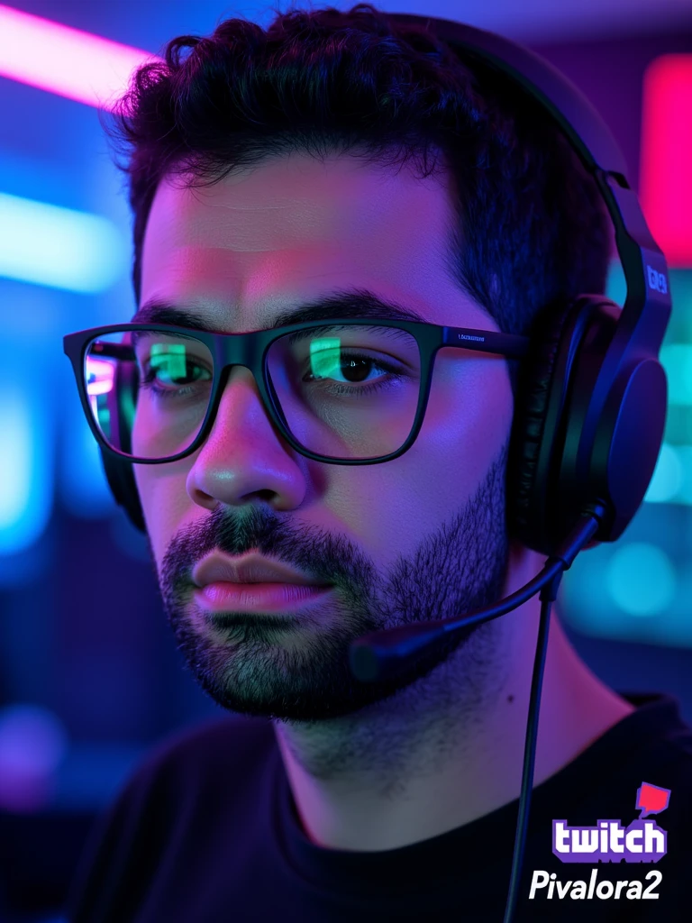 ((Masterpiece)), (ultra-detailed), (8k resolution), A dynamic **Twitch avatar** of **Pivalora2**, styled for a professional e-sports vibe. The composition features a close-up of **Pivalora2’s face**, wearing **black prescription glasses** with a sleek, modern frame that reflects faint **RGB lighting** from a professional gamer headset. His expression is confident and focused, showcasing the determined attitude of a competitive gamer.  

The background is minimal yet vibrant, incorporating a **blurred neon glow** in hues of blue and purple, inspired by the energetic ambiance of gaming arenas. The lighting is sharp and cinematic, with highlights on his glasses and headset for a polished, high-quality appearance. The design integrates a **subtle Twitch logo-inspired outline** or **stylized gamer tag (Pivalora2)**, placed at the bottom corner for branding.  

Perfect for Twitch use, this avatar blends professionalism with personality, capturing the essence of **e-sports competition** in a bold, engaging way. **(Twitch avatar, e-sports branding, RGB lighting, cinematic focus, neon accents, professional design)**.  