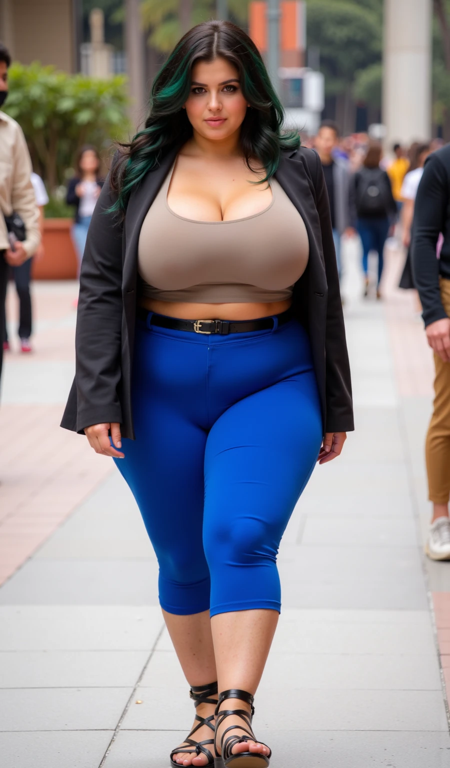 Woman, 21 years old. 1.83m tall, 97kg weight. Wavy black hair with dark green highlights. Mixed Armenian and Chilean heritage. Long legs. Long arms. Very large hands and feet. Thick thighs with firm hip abductor and hip adductor muscles. Pert glutes. Large triceps, slightly pudgy upper arms. Enormous, elongated but very perky breasts. Breasts set far apart. Recent growth spurt. Fresh stretch marks on legs, arms, breasts. Undersized blouse and cropped blazer, tight royal blue capri pants. Strappy leather sandals. Haughty, aloof expression. Long face with full cheeks, prominent cheekbones. Walking in a public plaza. Full body portrait.