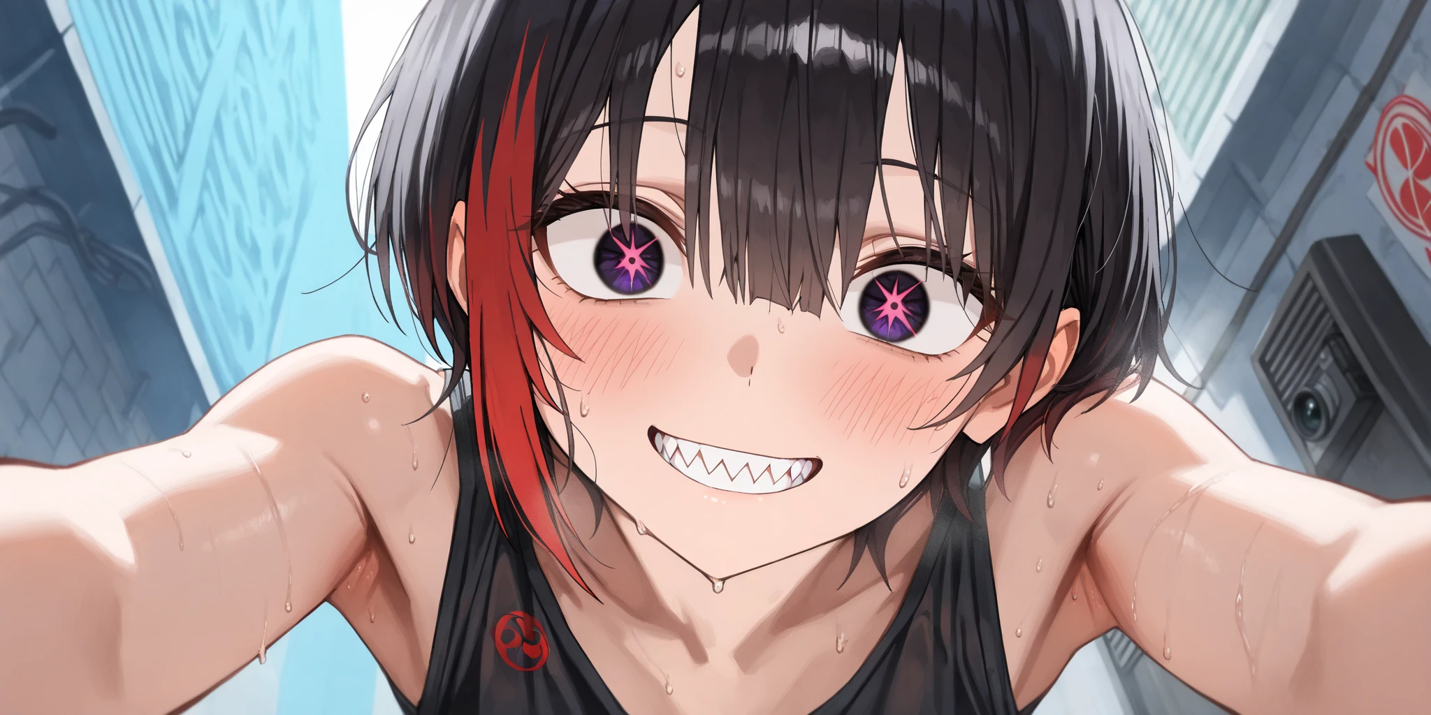 Girl, black eyes, black hair, smiling, crazy violet eyes, nude