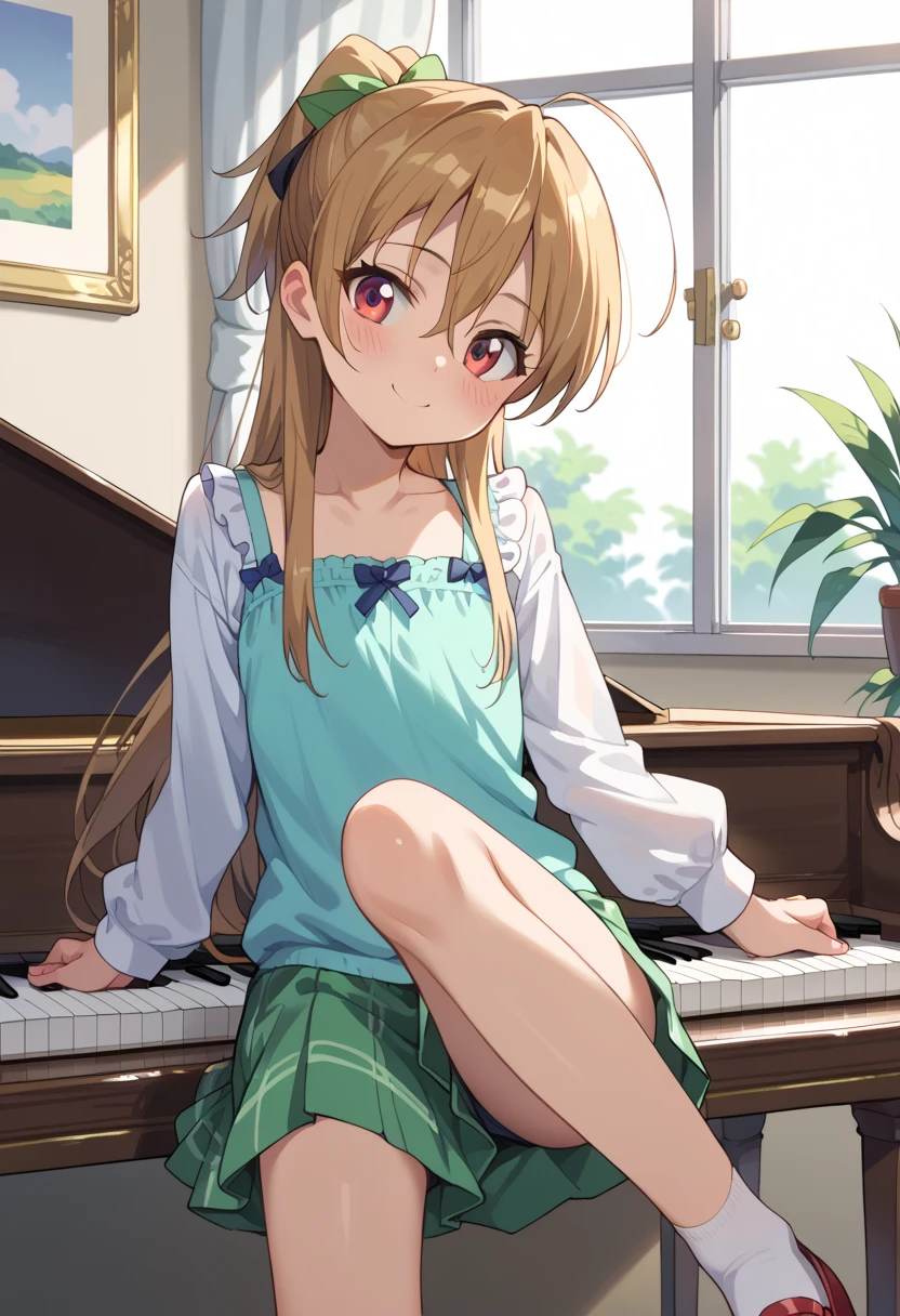 (( top quality )), ((masterpiece)), (be familiar with), perfect face, indoor, bedroom,  watching viewers,
One woman, Miyamoto Rei,
開いた口,  ecstatic expression beside the piano, blush, smile,
 small ,  flat chest, Young girl, Lori,  ,  girl,
 long hair,  ponytail,
Leg spread,