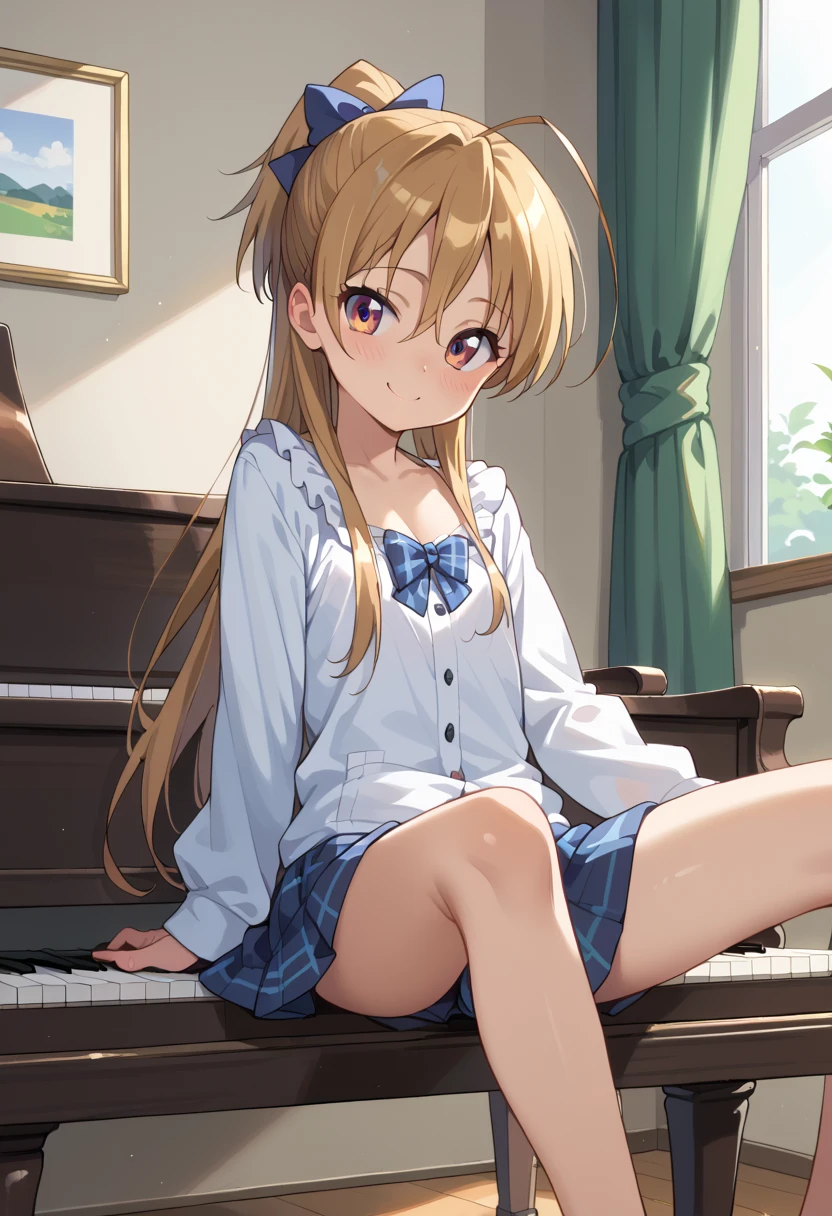 (( top quality )), ((masterpiece)), (be familiar with), perfect face, indoor, bedroom,  watching viewers,
One woman, Miyamoto Rei,
開いた口,  ecstatic expression beside the piano, blush, smile,
 small ,  flat chest, Young girl, Lori,  kids,  girl,
 long hair,  ponytail,
Leg spread,