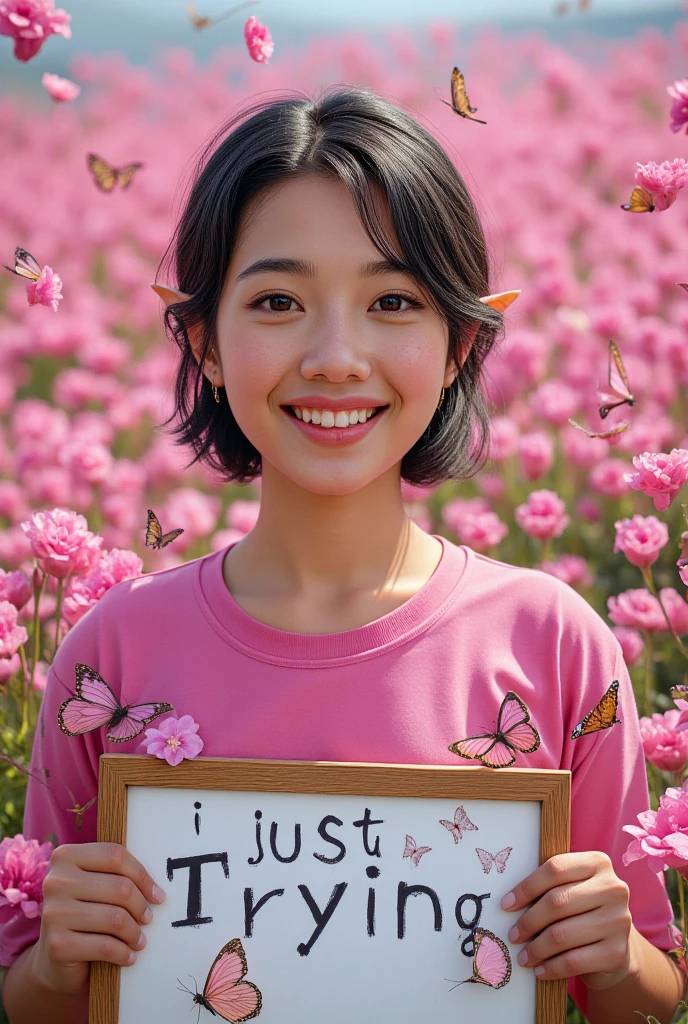 RAW photo of l4r1ss4r1qu3lm3 woman as elf , wearing a pink tight tshirt on medium proportional body, in a pink flowers field, detailed face, natural lighting, highly detailed, absurdres, smile happy, elf ears and earings . Much Butterfly fly and hanging a board with text "I just Trying mJ"
