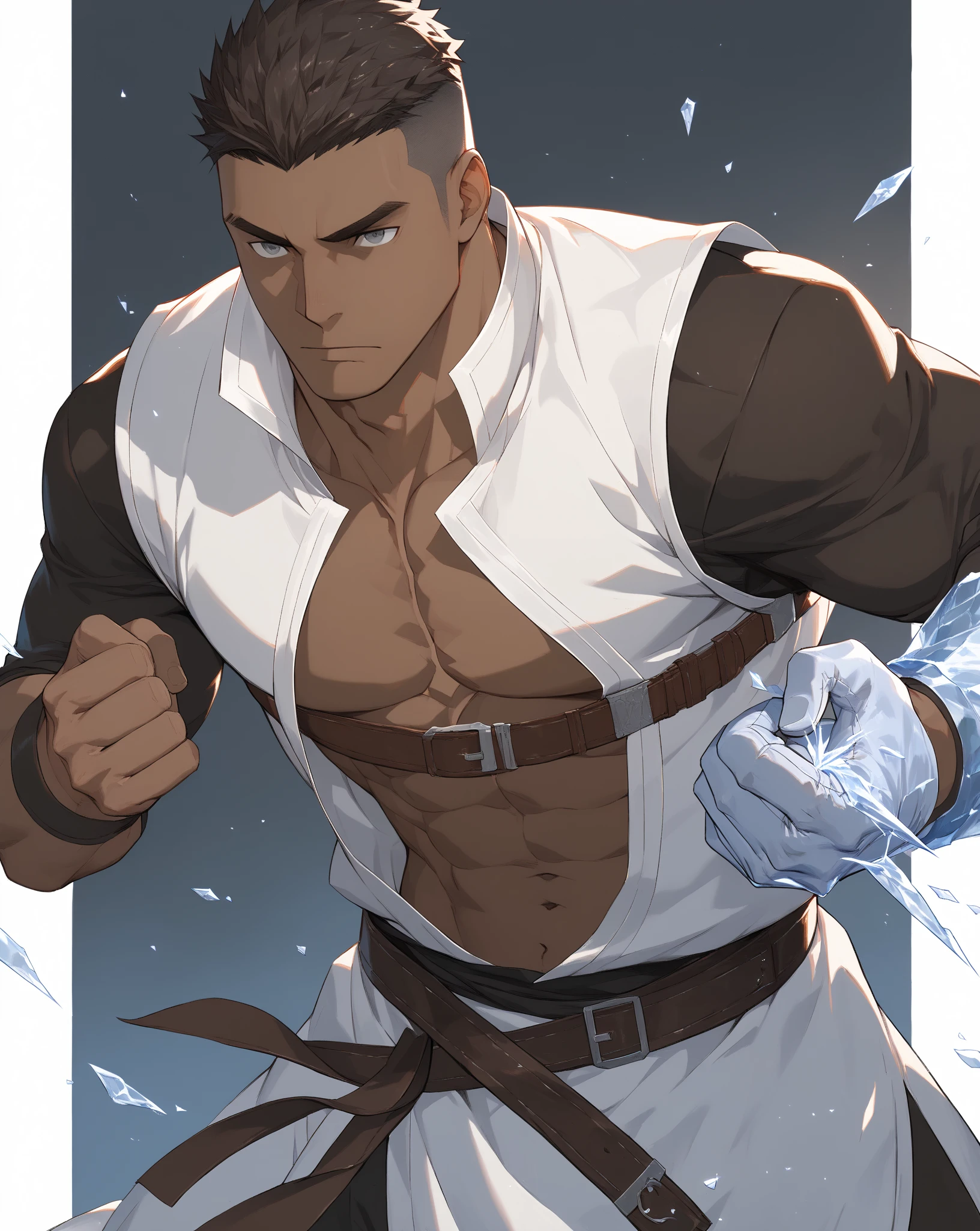 High Quality,Masterpiece,nsfw,gay,young,detailed body,,forehead,((dark brown skin male:1.5)),ideal ratio body propotions,(silver short hair),A face similar to a gorilla、black and gray eyes,glove,monk,,low small nose,Dog face,short length white vest,(((under cleavage cut))),Ice Fist,navel,under moob,breast belt, firm body、Pectoral muscles,fantasy,glove,we have、Belligerent