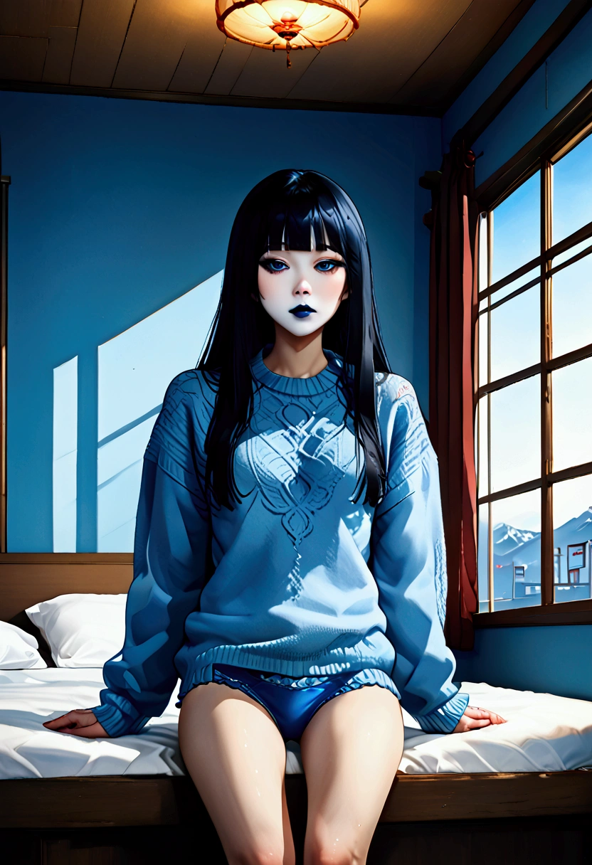 Asian girl, long hair, blue eyes, white lipstick, sweater, chest window, full body picture, blue panties, ecchi, sexy lady, motel room.