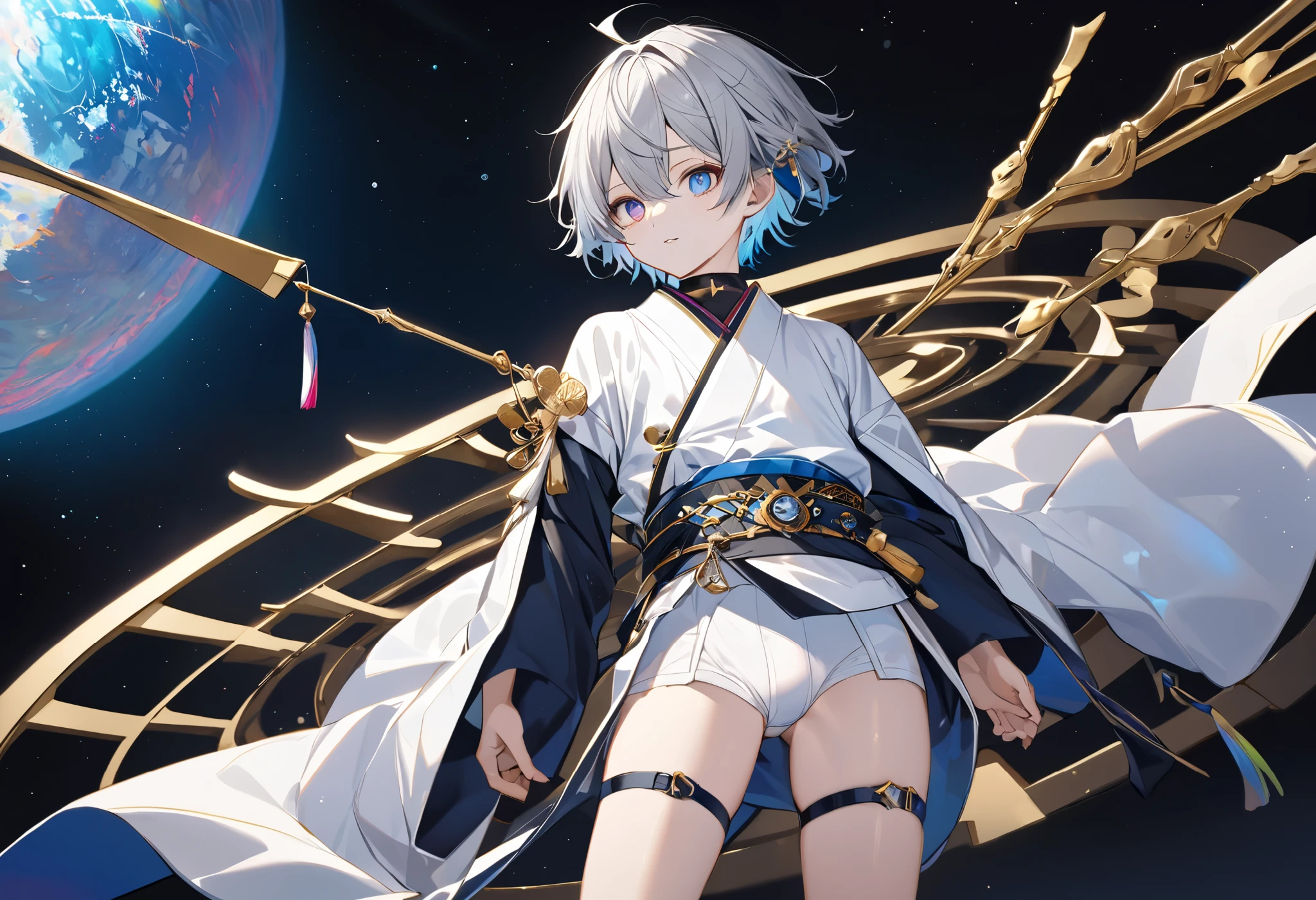  fresh illustration ,
Superfine painting,
 very delicate illustration ,
 Very fine details ,
Picture of only one boy ,
Height: 158cm,
 white skin,
The right pupil is purple and the left pupil is blue ,
 rainbow heterochromia,
 beautiful eyes,
 large black pupils ,
 short hair with shadows,
Gray Hair,
 hair roots are bluish ,
 hair has gradation ,
 shiny hair with makeup,
 cute faces ,
Beautiful face,
There is a shiny rear wheel on the back of the head ,
 raised eyebrows ,
 upper body is wearing kimono in Japanese clothes ,
Masculine physique,
 Six Pack ,
Super small breasts,
No boobs,
 lower body Nadres ,
The color of the belt is black ,
Overall white clothes ,
 tasteful embroidery with gold thread ,
 fine fabric clothing ,
 jockstrap underwear ,
 thigh strap ,
 thigh strap は肌に食い込んでいる,
The number of fingers on a hand is five,
 thin waist,
 thin legs ,
Isometric,
Golden Ratio,
god々 like atmosphere,
 wearing blue colored padded collar innerwear ,
 outer space ,
Milky Way,
Little Star々 upper body ,
 tactical use of shadows ,
 don't let the ring of head or hair stick out from the angle of view,
 clothes don't stick out of angle of view ,
 body orientation is symmetrical ,
Clothes are symmetrical,
Picture of standing upright and steady ,
 with little pubic hair,
Knee Shot,
There is no decoration on the head,