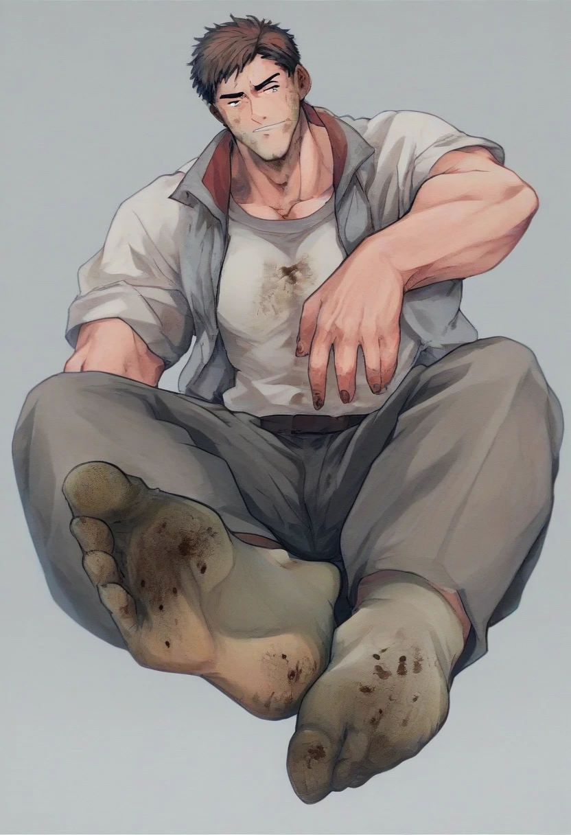 Male, muscular, 1boy, Barawa, Brown hair, Stubble, Muscular male, white skin, toes, illust, colorful, traditional media, no shoes, soles, foot focus, dirty, bara, dirty socks