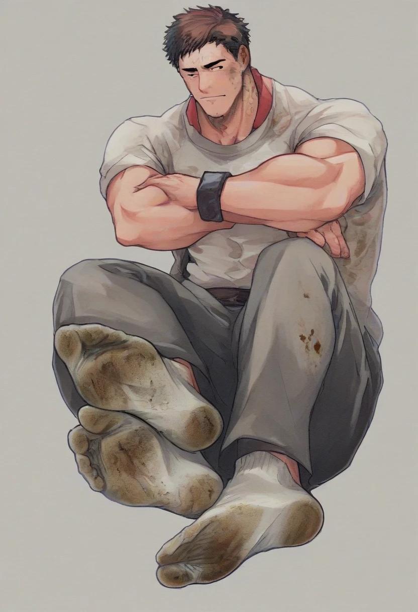 Male, muscular, 1boy, Barawa, Brown hair, Stubble, Muscular male, white skin, toes, illust, colorful, traditional media, no shoes, soles, foot focus, dirty, bara, dirty socks