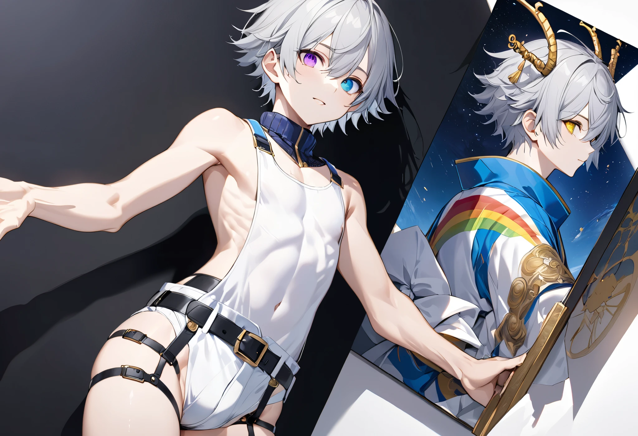  fresh illustration ,
Superfine painting,
 very delicate illustration ,
 Very fine details ,
Picture of only one boy ,
Height: 158cm,
 white skin,
The right pupil is purple and the left pupil is blue ,
 rainbow heterochromia,
 beautiful eyes,
 large black pupils ,
 short hair with shadows,
Gray Hair,
 hair roots are bluish ,
 hair has gradation ,
 shiny hair with makeup,
 cute faces ,
Beautiful face,
There is a shiny rear wheel on the back of the head ,
 raised eyebrows ,
 upper body is wearing kimono in Japanese clothes ,
Masculine physique,
 Six Pack ,
Super small breasts,
No boobs,
 lower body Nadres ,
The color of the belt is black ,
Overall white clothes ,
 tasteful embroidery with gold thread ,
 fine fabric clothing ,
 jockstrap underwear ,
 thigh strap ,
 thigh strap は肌に食い込んでいる,
The number of fingers on a hand is five,
 thin waist,
 thin legs ,
Isometric,
Golden Ratio,
god々 like atmosphere,
 wearing blue colored padded collar innerwear ,
 outer space ,
Milky Way,
Little Star々 upper body ,
 tactical use of shadows ,
 don't let the ring of head or hair stick out from the angle of view,
 clothes don't stick out of angle of view ,
 body orientation is symmetrical ,
Clothes are symmetrical,
Picture of standing upright and steady ,
 with little pubic hair,
Knee Shot,
There is no decoration on the head,