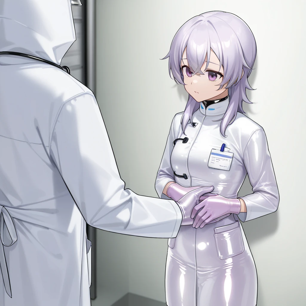   1 girl, ((light purple gloves)), ((  surgical gloves)), ((  latex gloves  )),  Other clothing is not made of latex, (([Doctor Clothes )), ((  Long Sleeve  )),   is standing, Alone